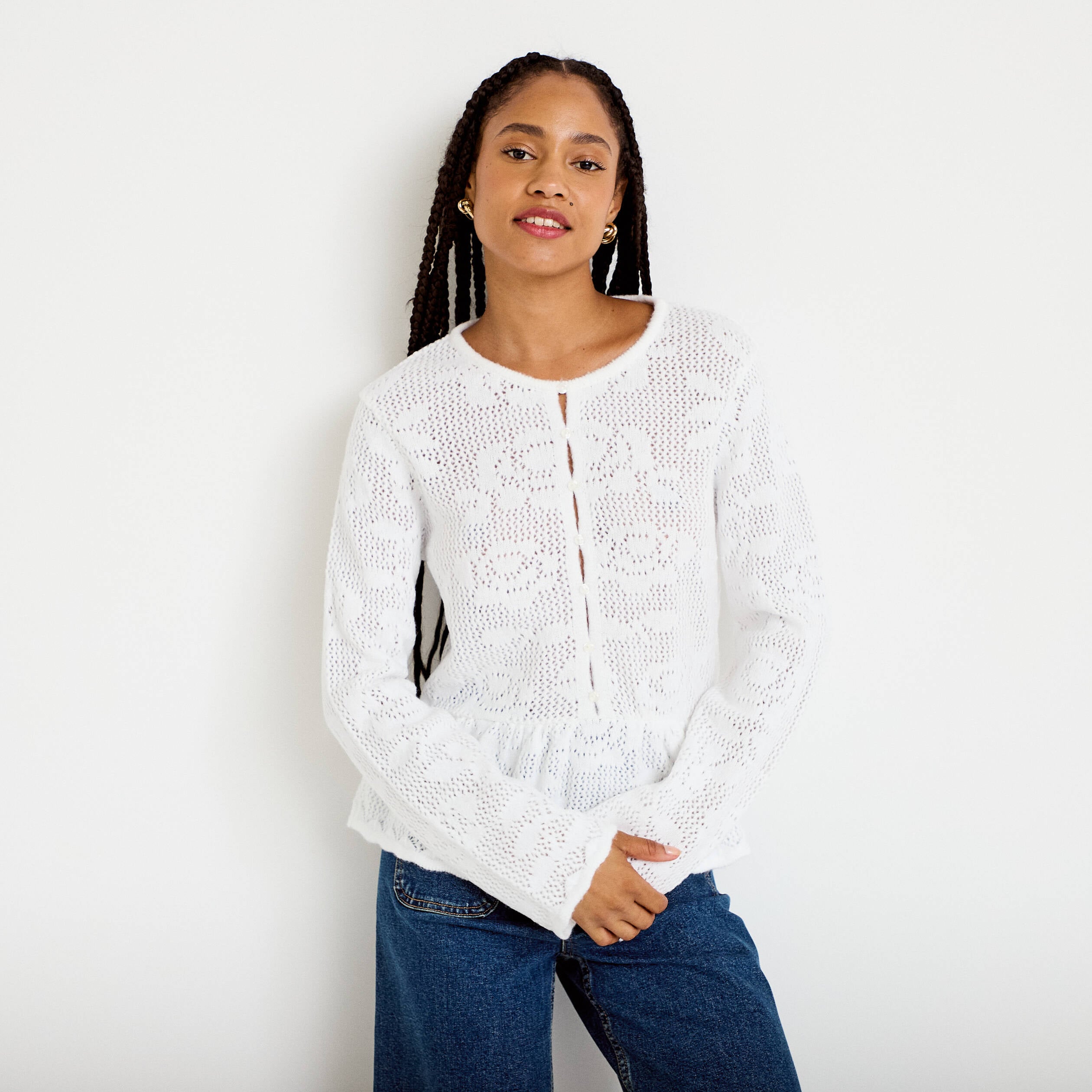 Pull ajour&eacute; p&eacute;plum manches longues ecru femme