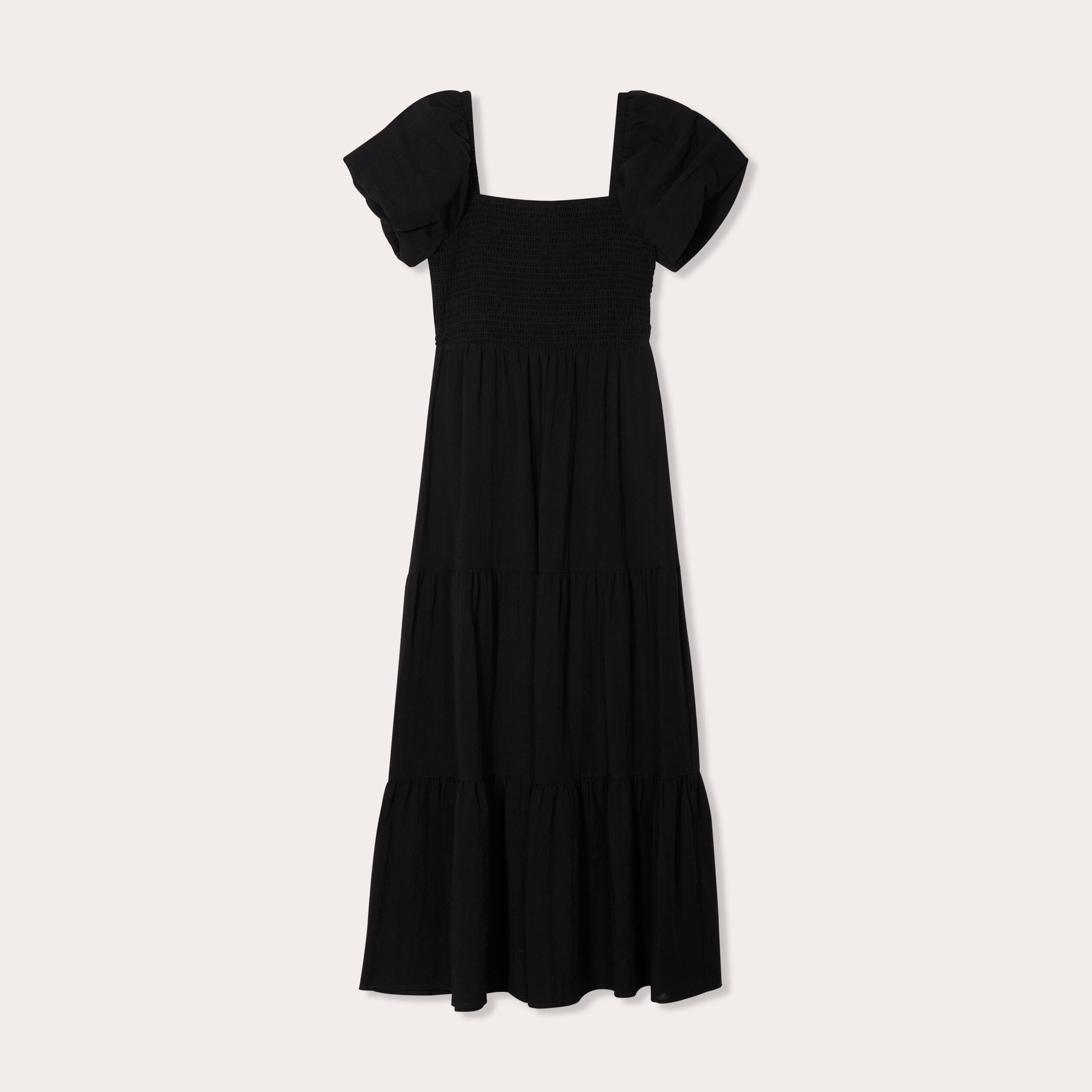 robe longue evasee smockee noir femme Robe longue évasée smockée noir femme