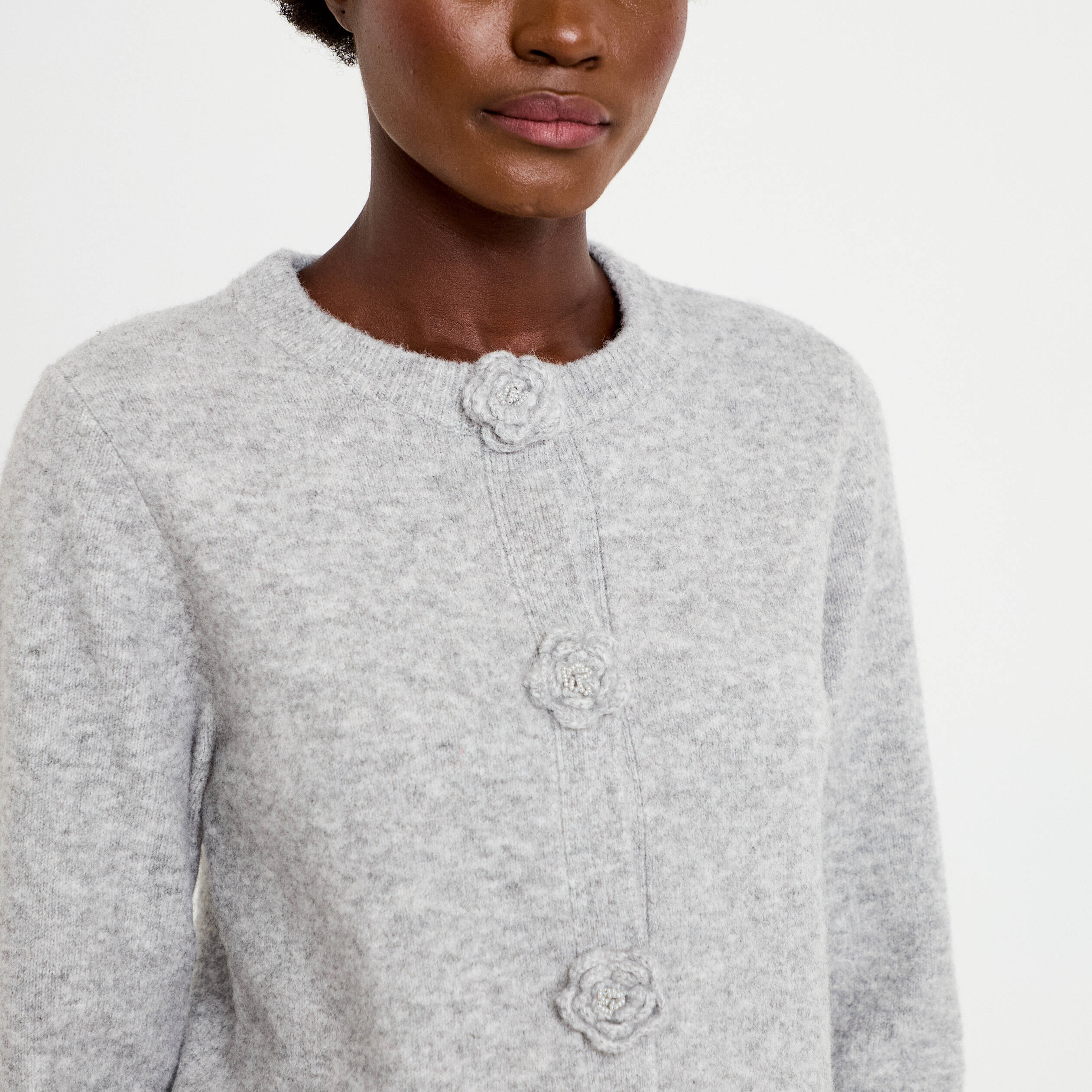 Gilet manches longues col rond gris clair femme