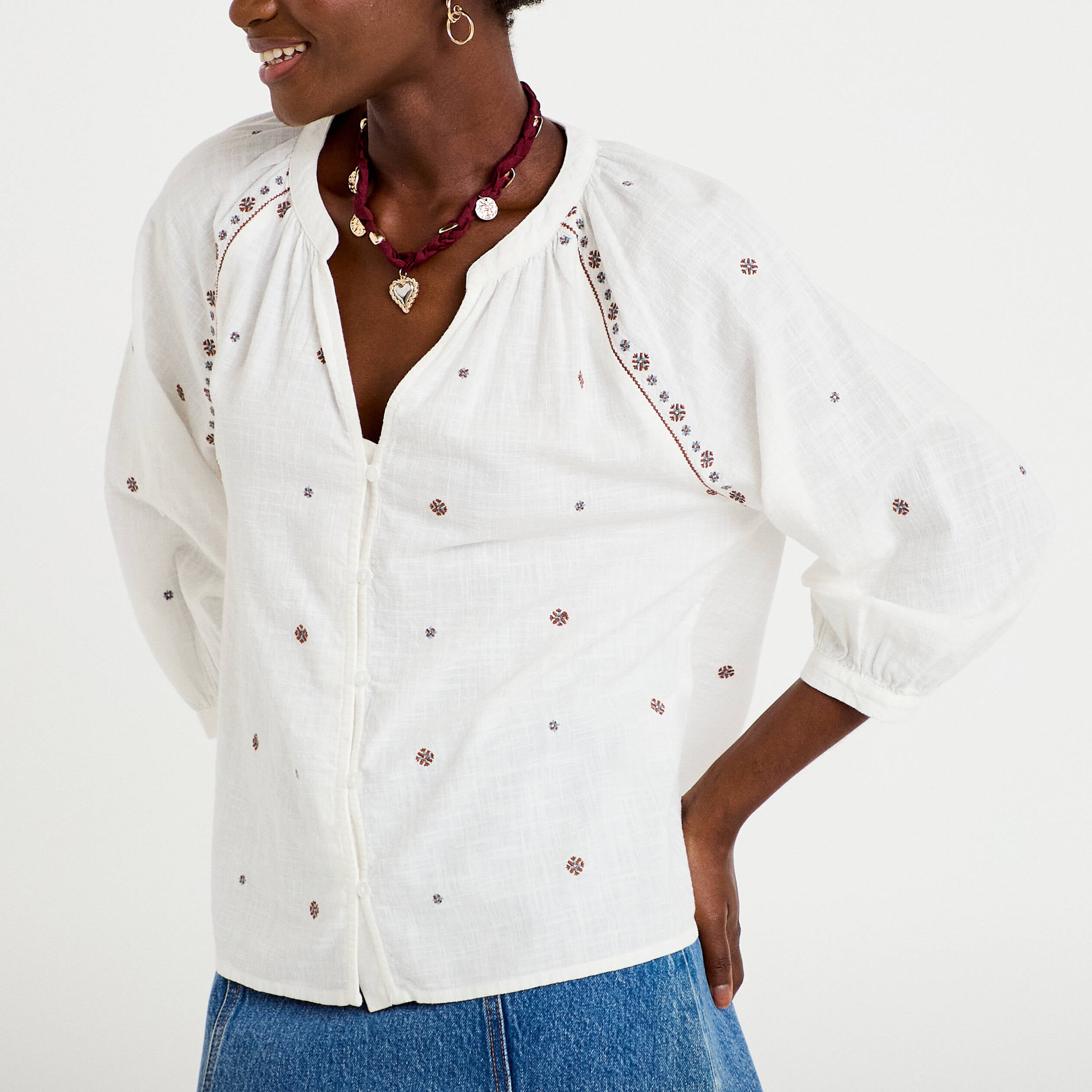 Blouse ample col tunisien manches 3/4 ecru femme