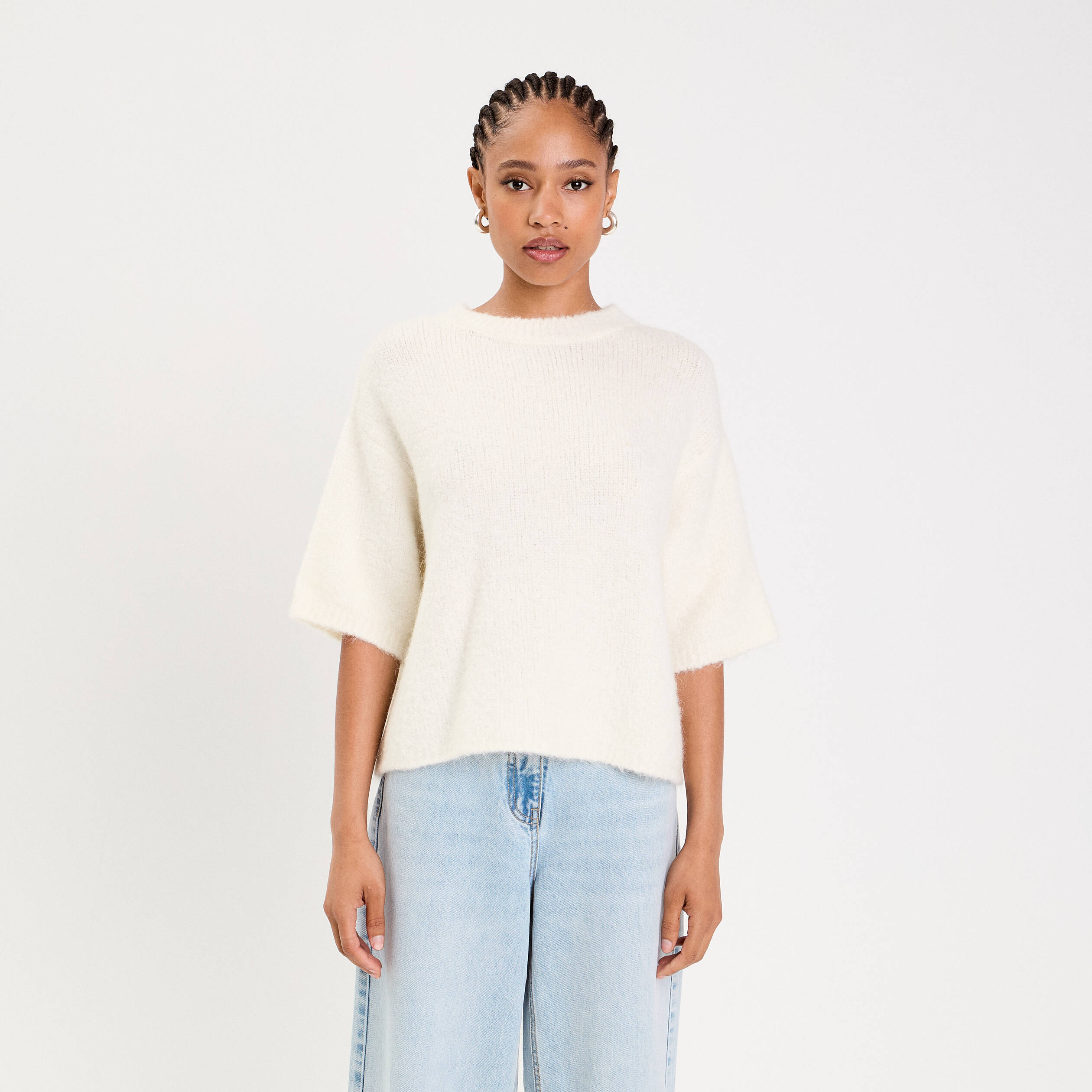 Pull manches courtes ecru femme