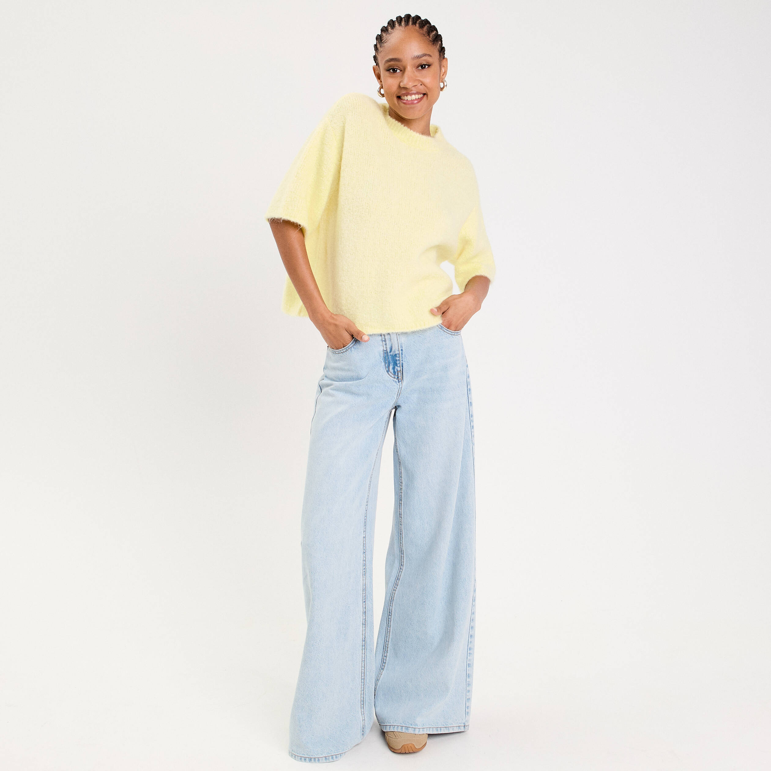 Pull manches courtes jaune clair femme