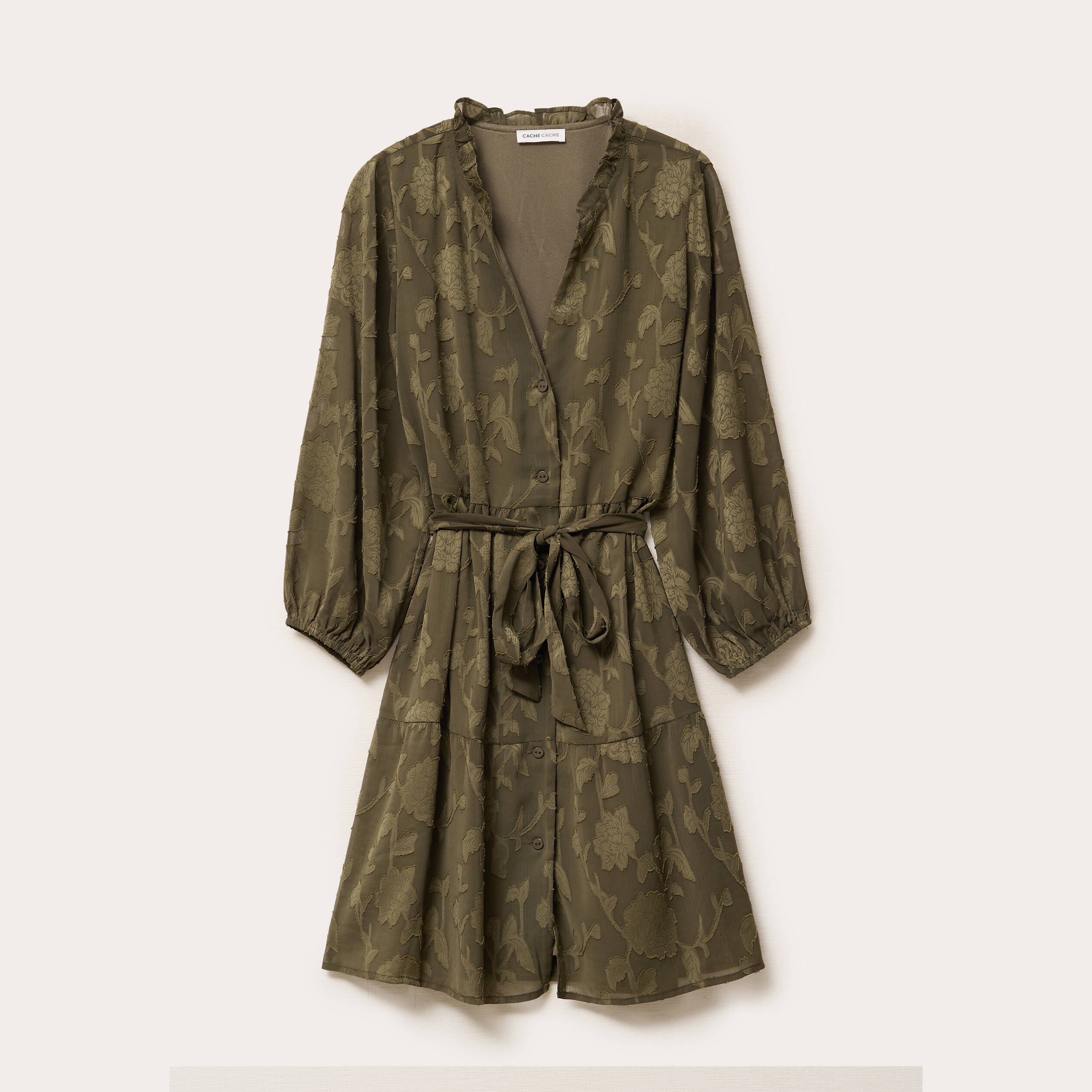 Robe chemise évasée ceinturée vert kaki femme Vibs