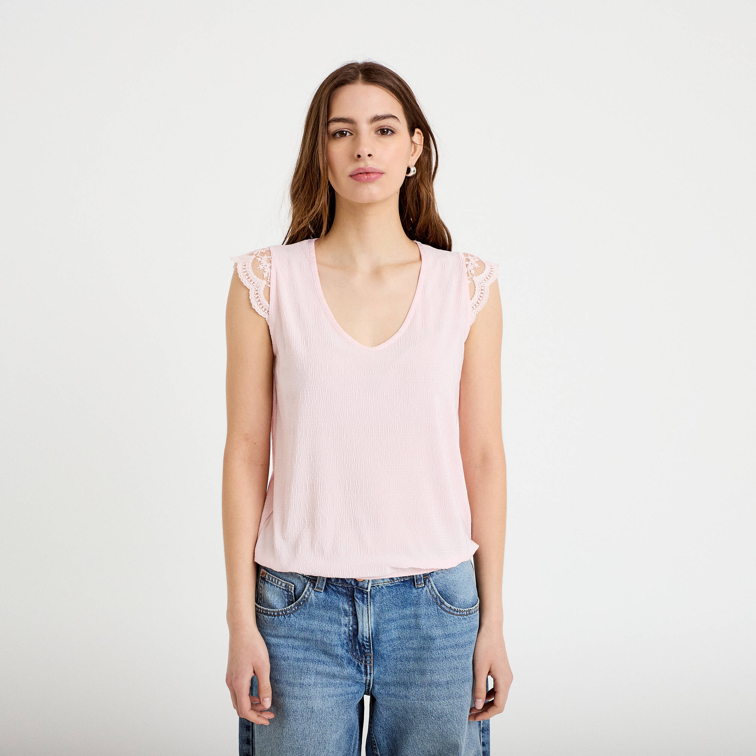 Blouse sans manches pliss&eacute;e rose clair femme