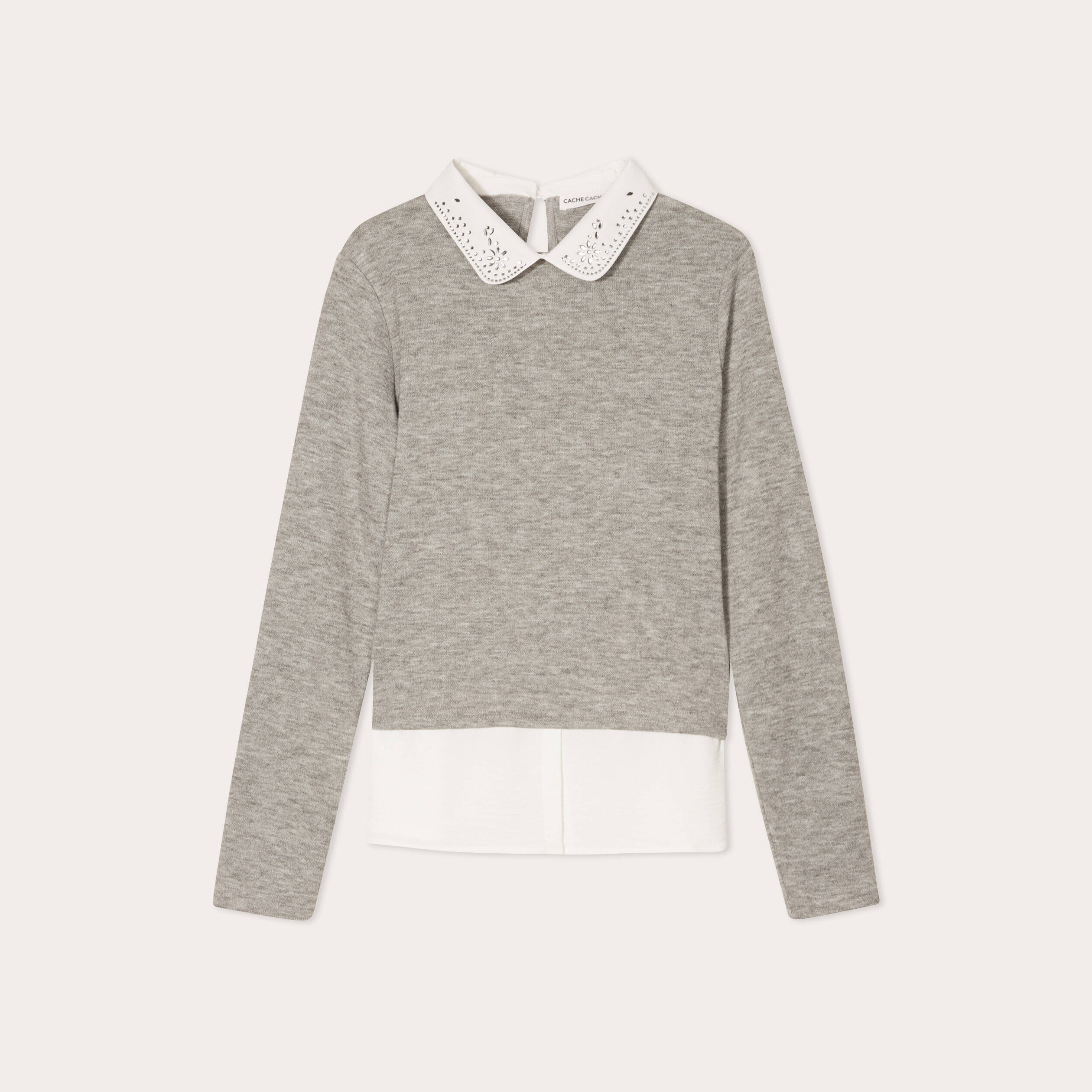 Pull col chemise bijoux gris clair femme