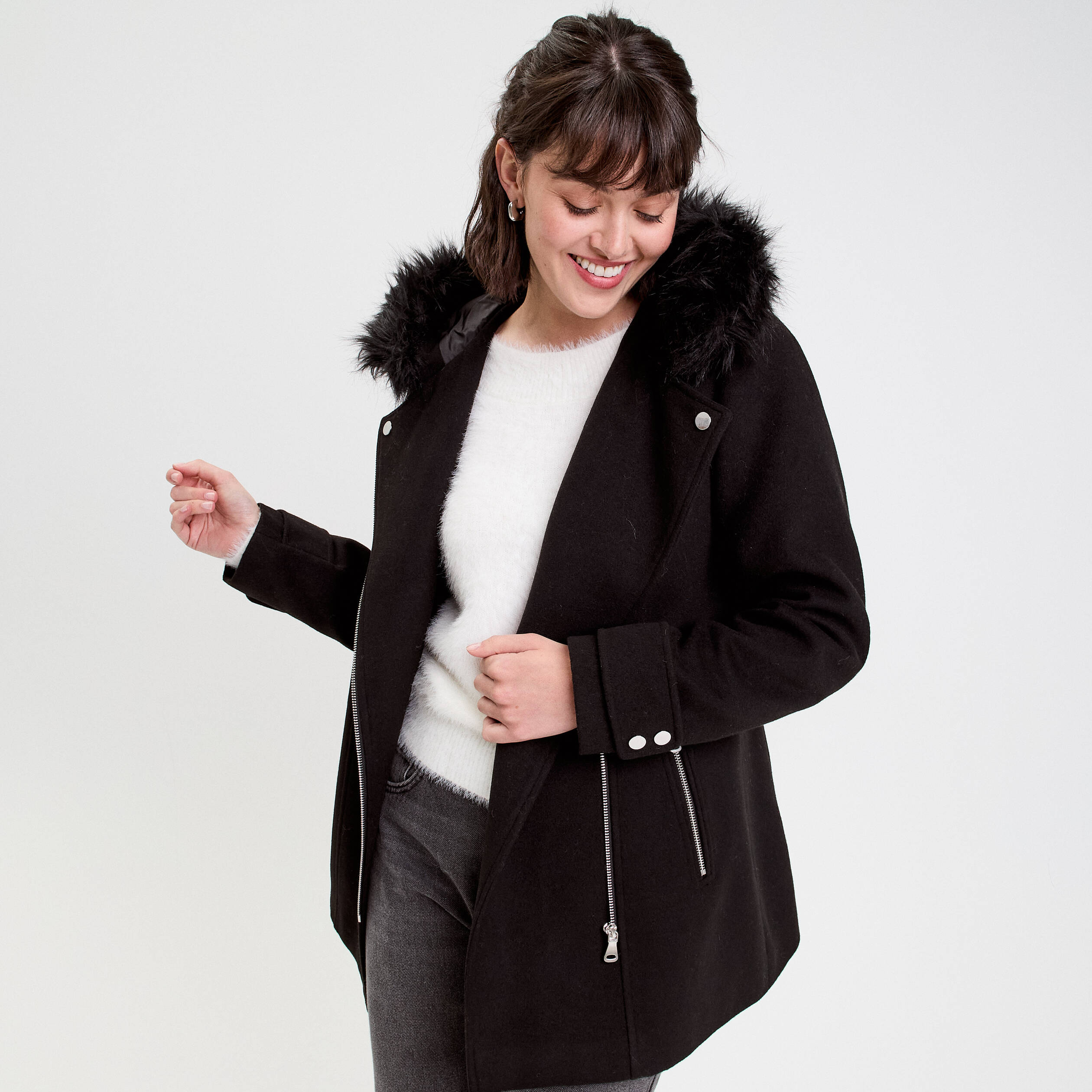 Manteau droit avec capuche noir femme