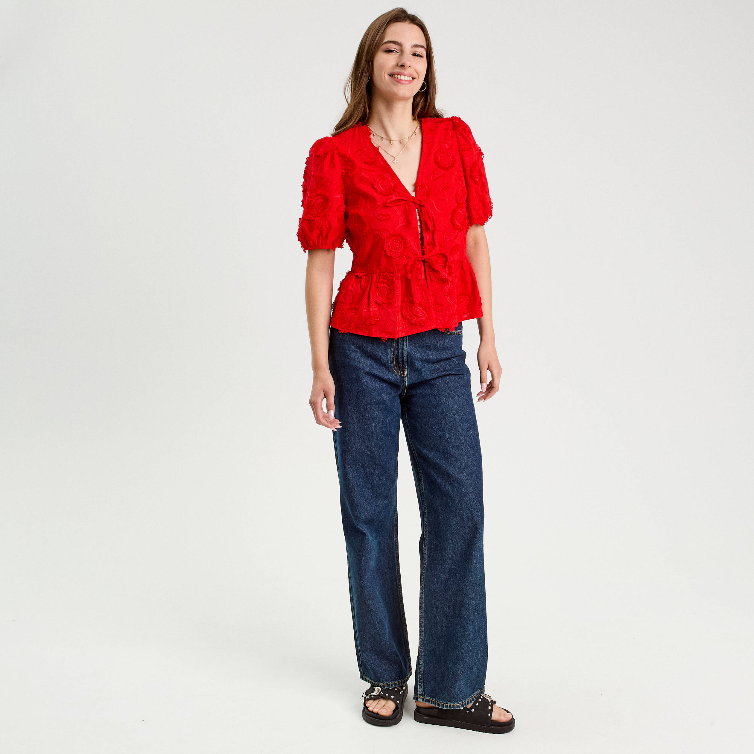 blouse manches courtes noeuds rouge fluo femme Blouse manches courtes noeuds rouge fluo femme