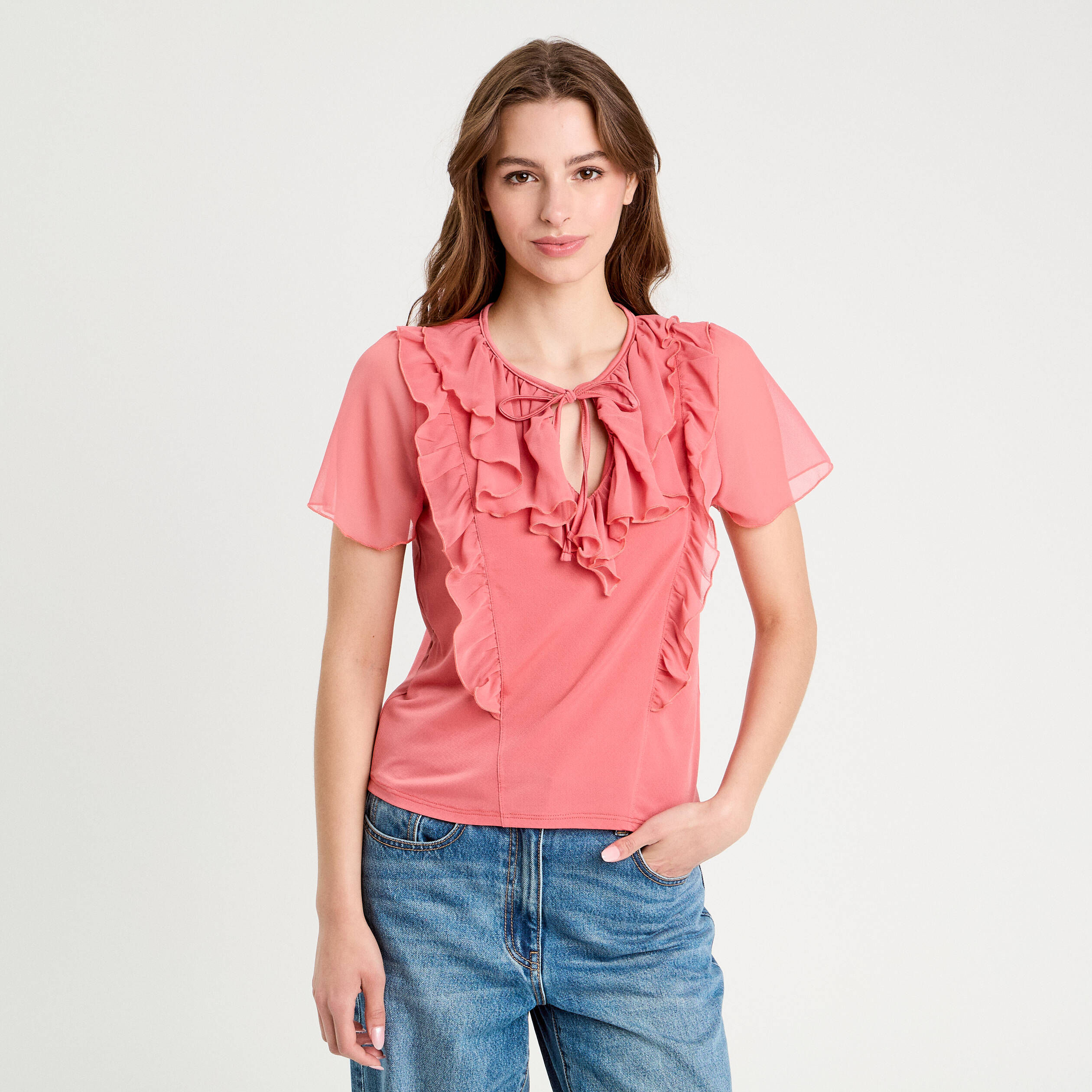 Blouse volants rose pastel femme