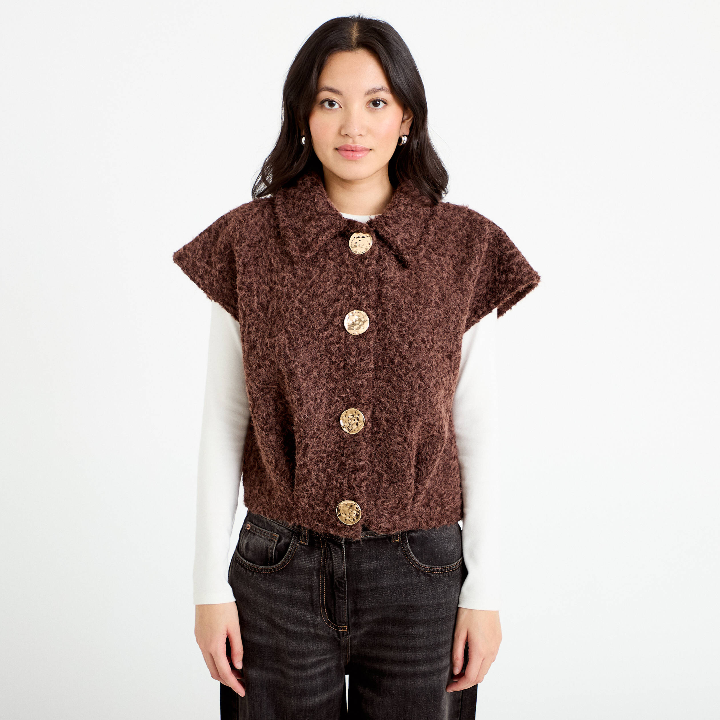 Veste sans manches bouclette col rond marron clair femme