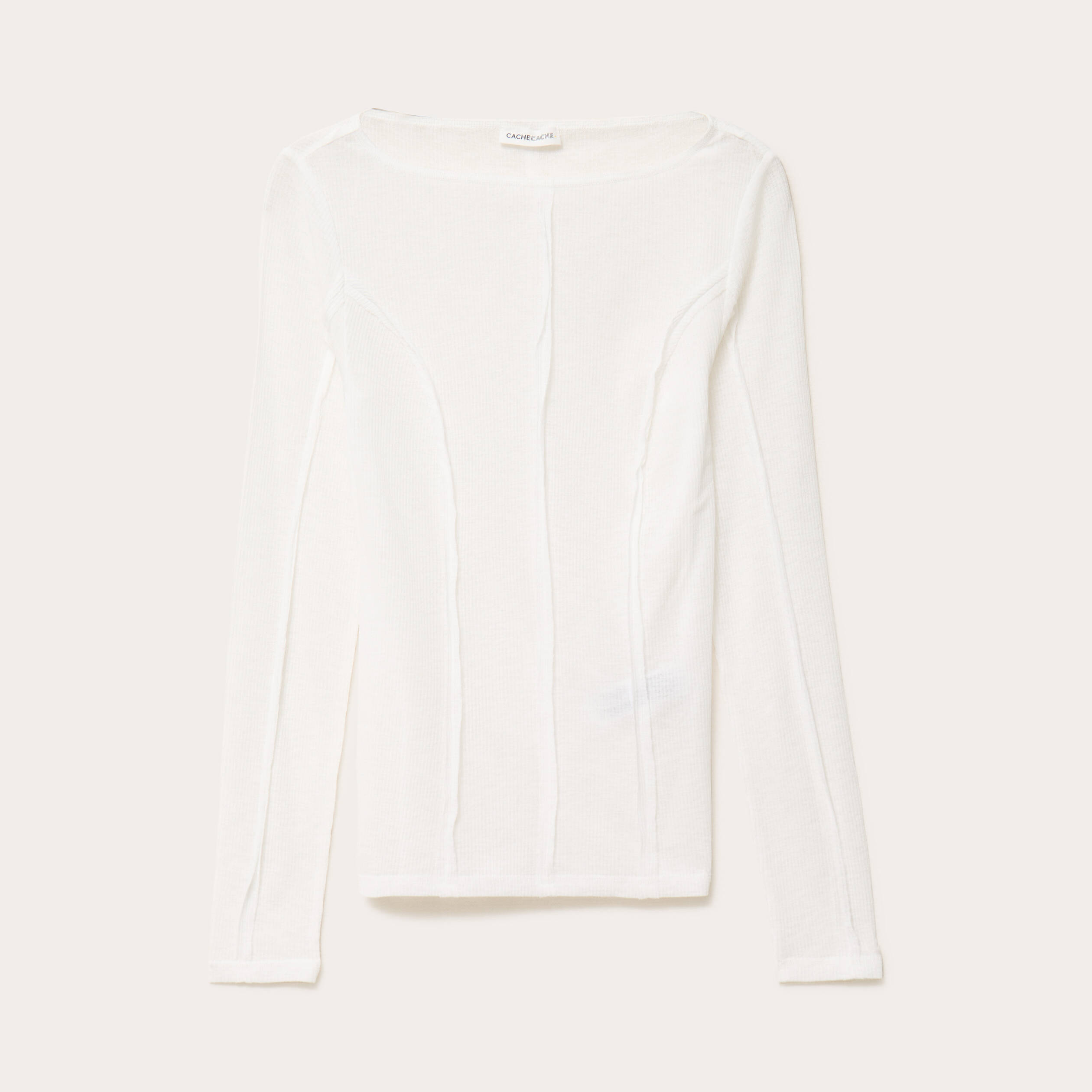 T-shirt cintr&eacute; col rond manches longues blanc femme