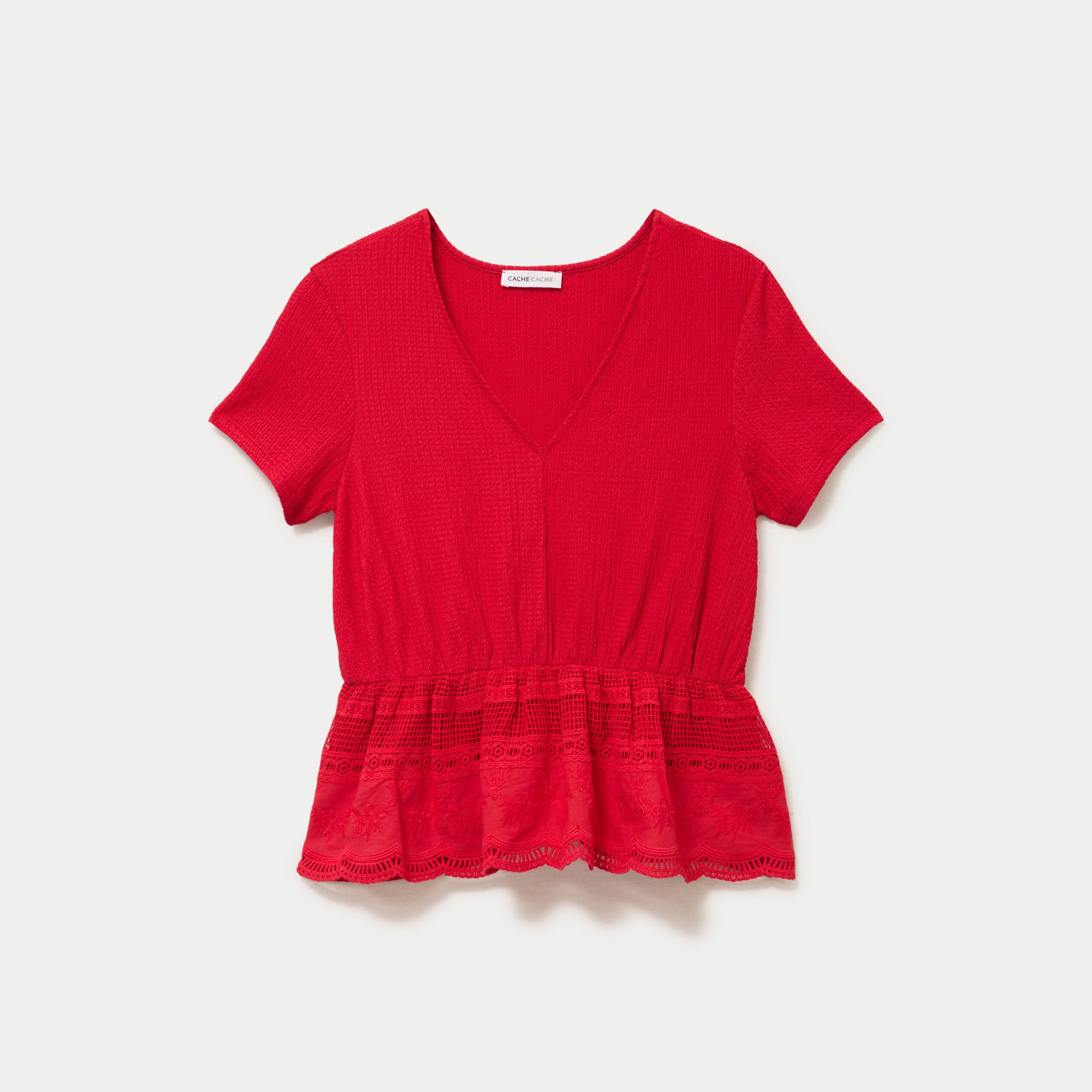 Blouse droite col v manches courtes rouge femme