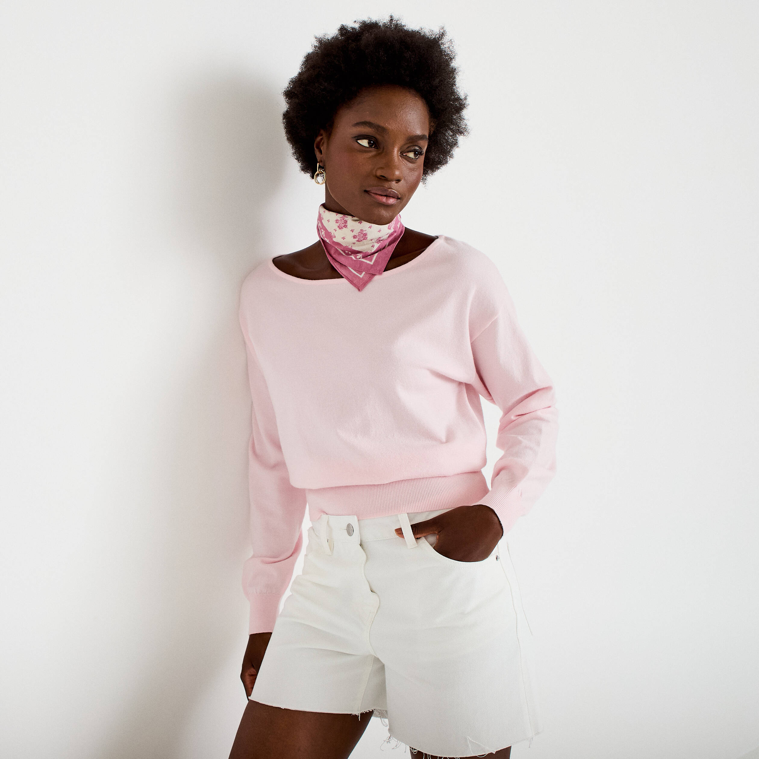 Pull ample manches longues fin rose clair femme