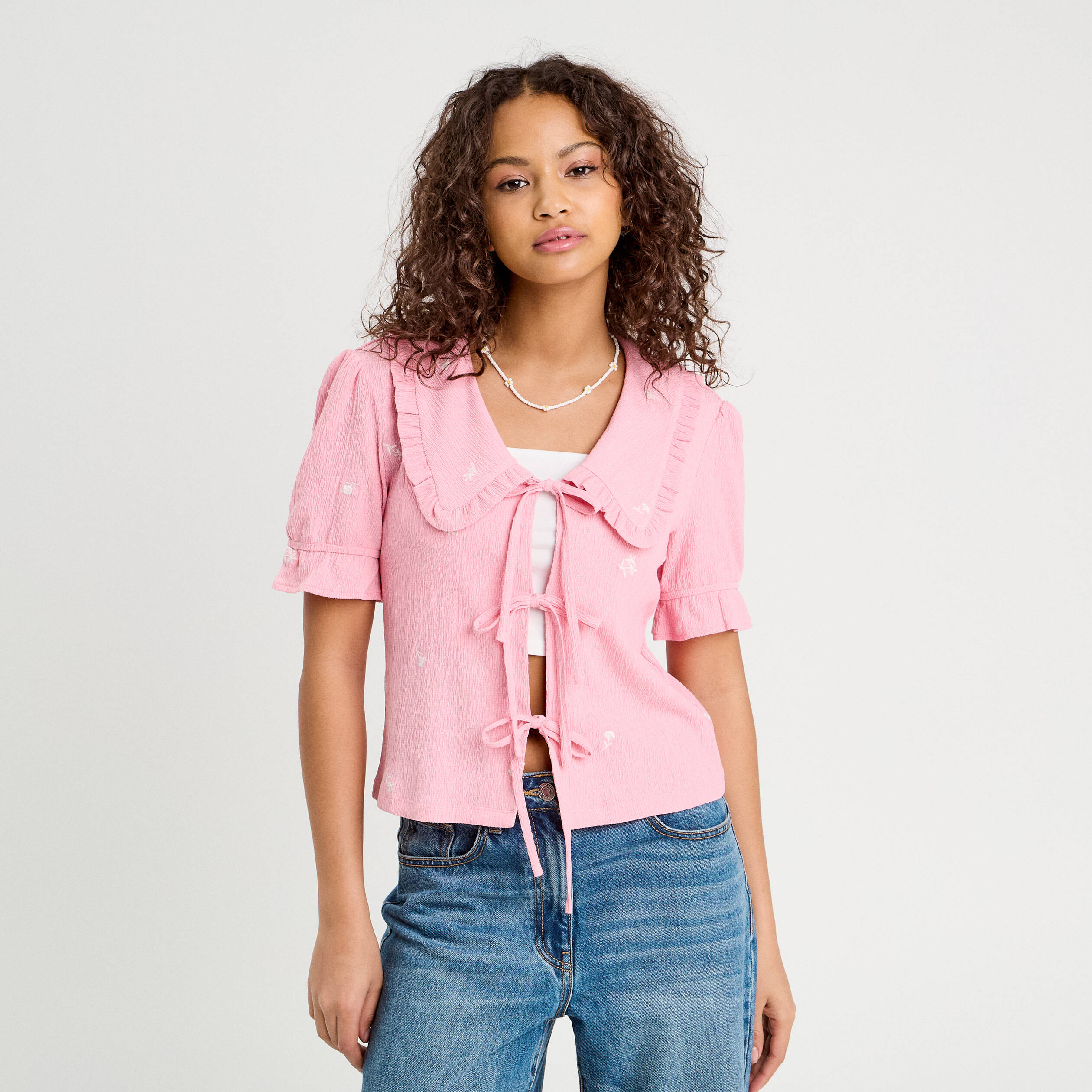 Blouse nou&eacute;e brod&eacute;e rose poudr&eacute;e femme
