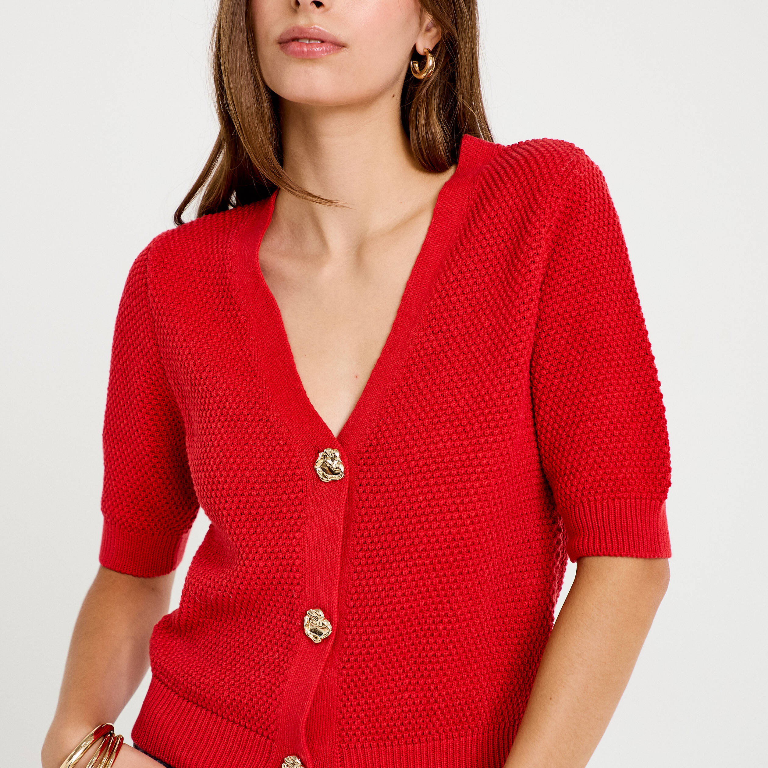 Gilet col v manches courtes rouge femme