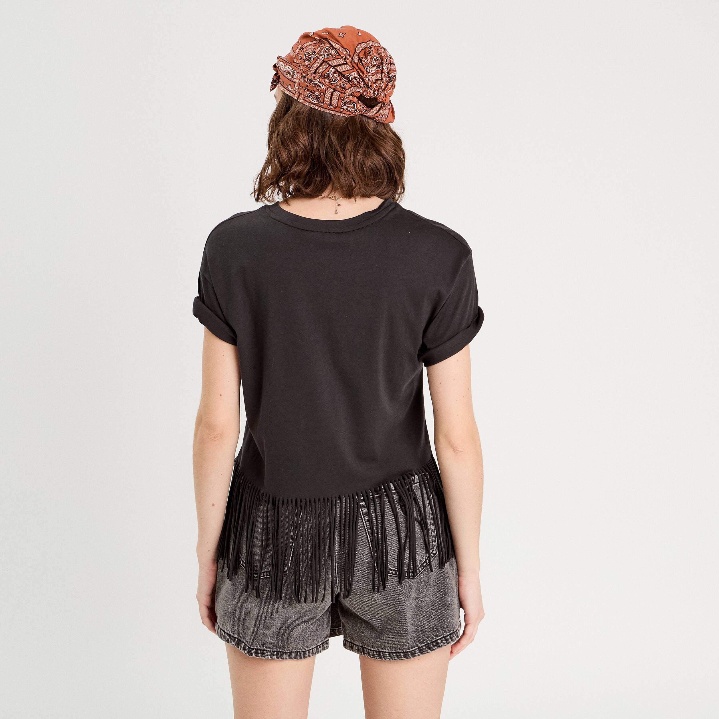 T-shirt avec franges noir femme