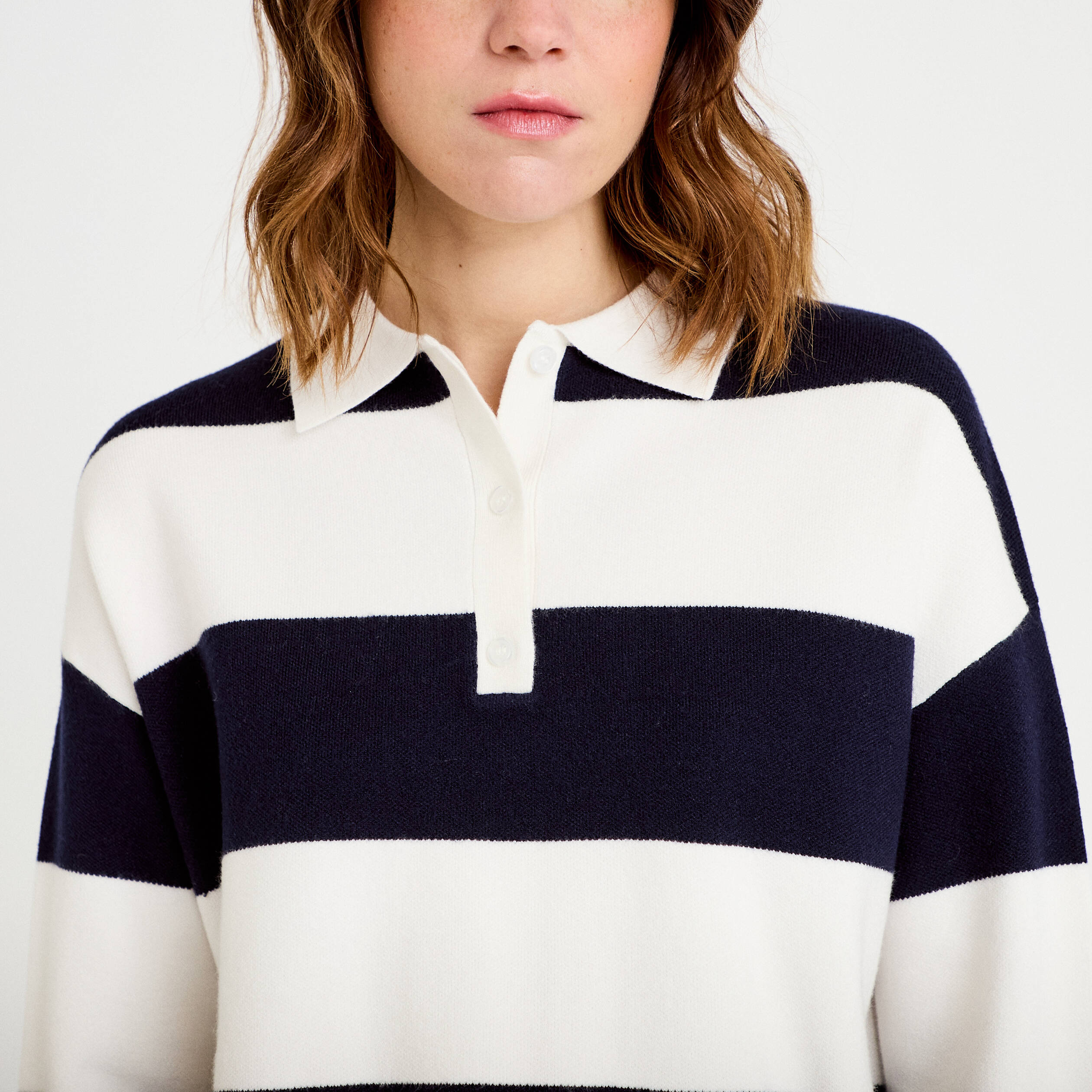 Polo manches longues col chemise bleu marine femme