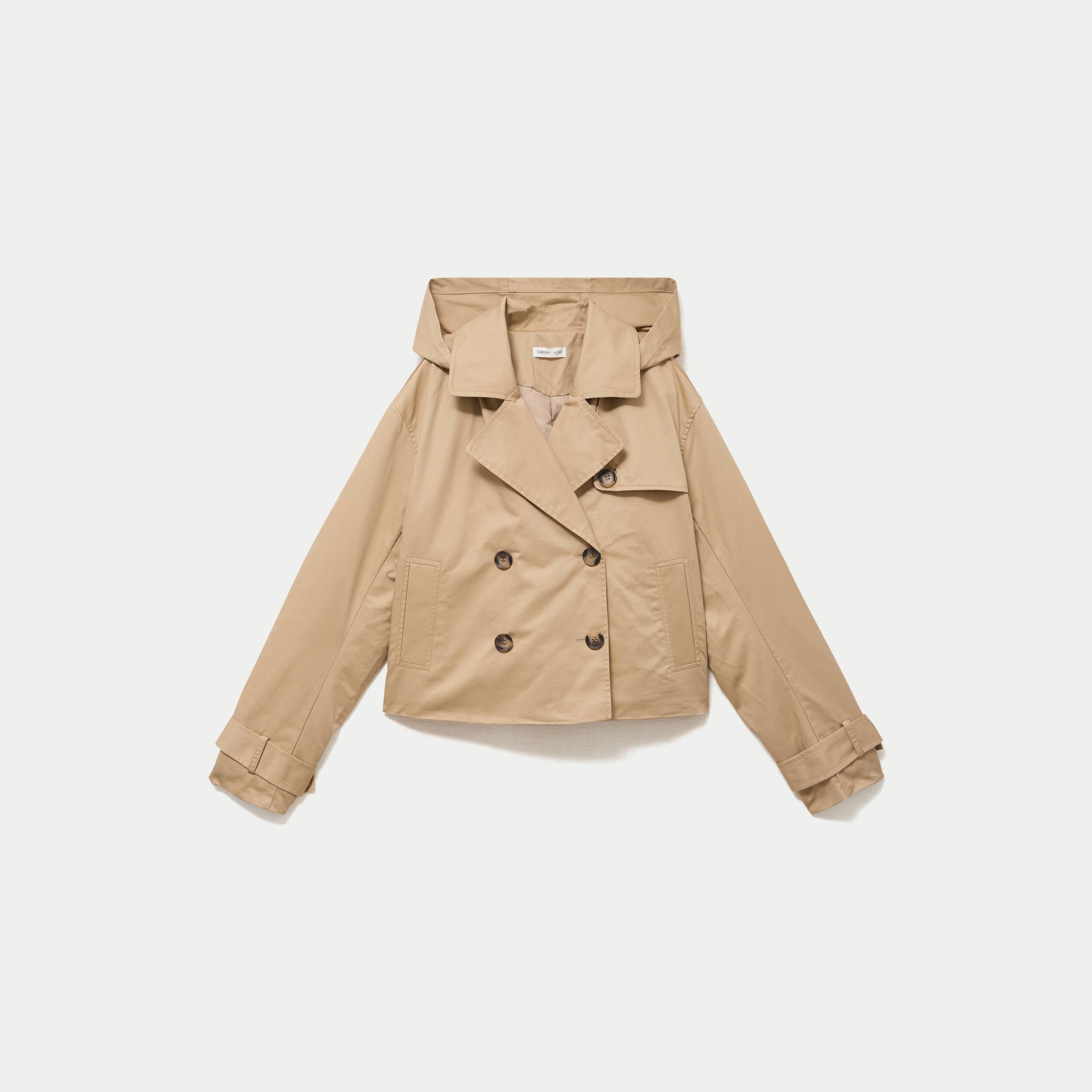 Trench droit court &agrave; capuche amovible beige femme