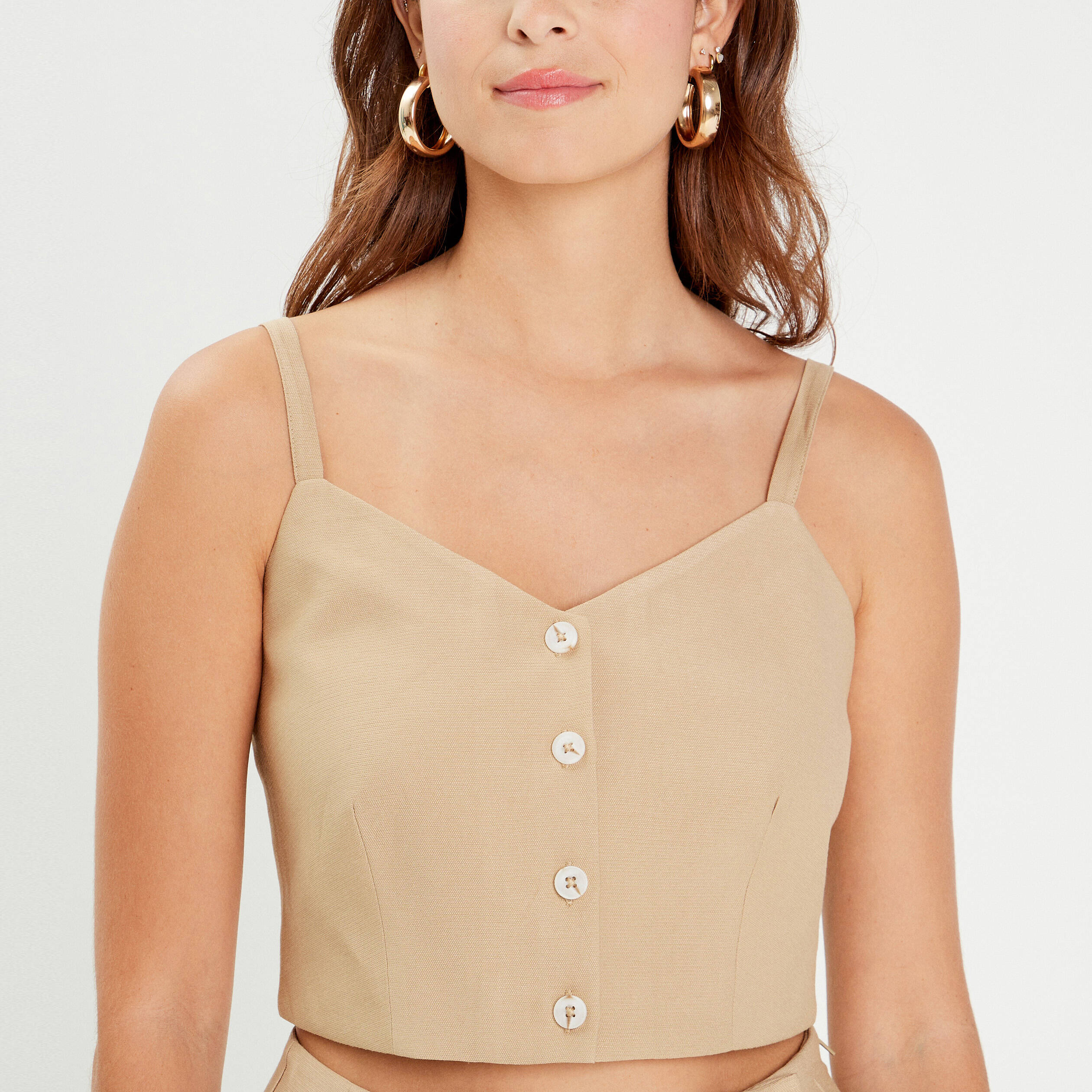 Caraco cropped boutonn&eacute; beige femme