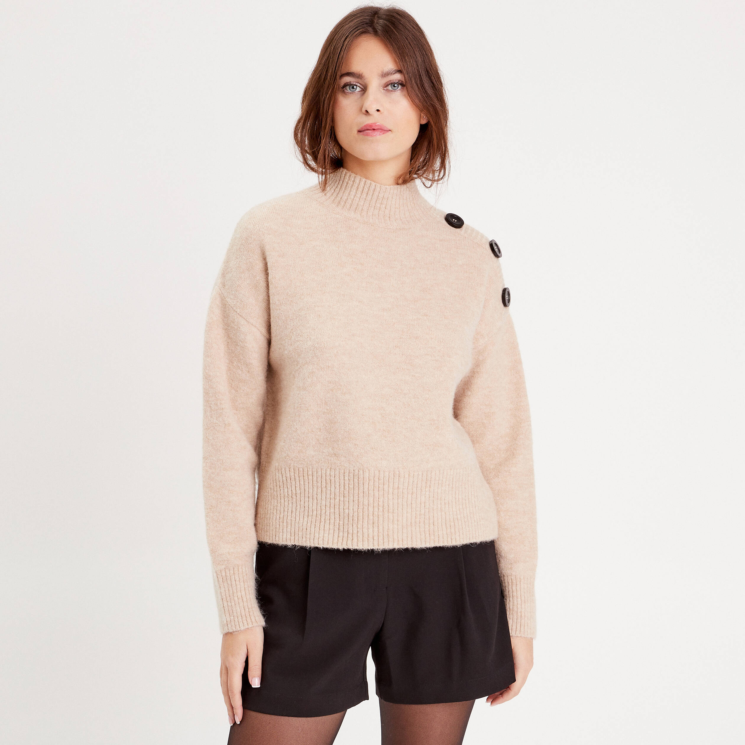 Pull col montant ecru femme