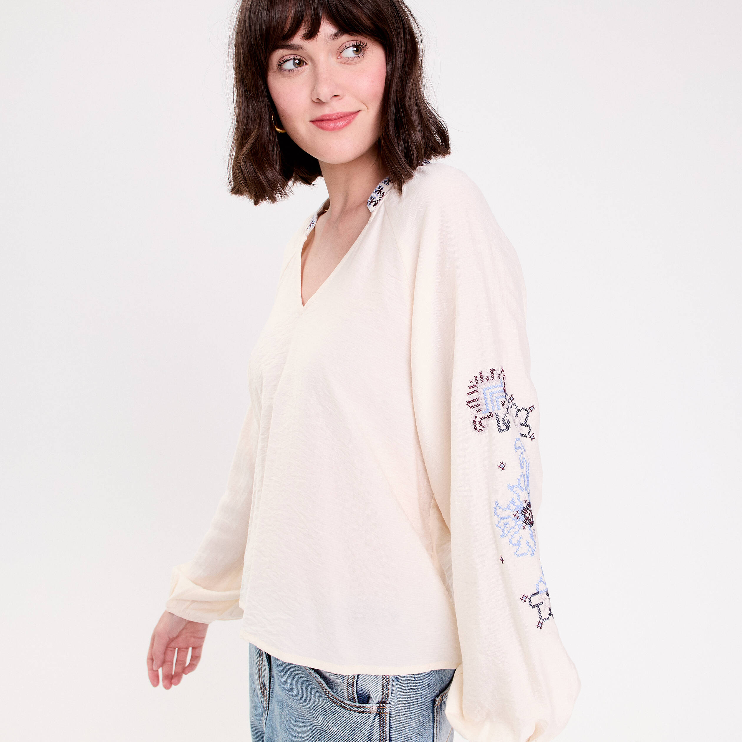 Blouse oversize col v manches longues ecru femme