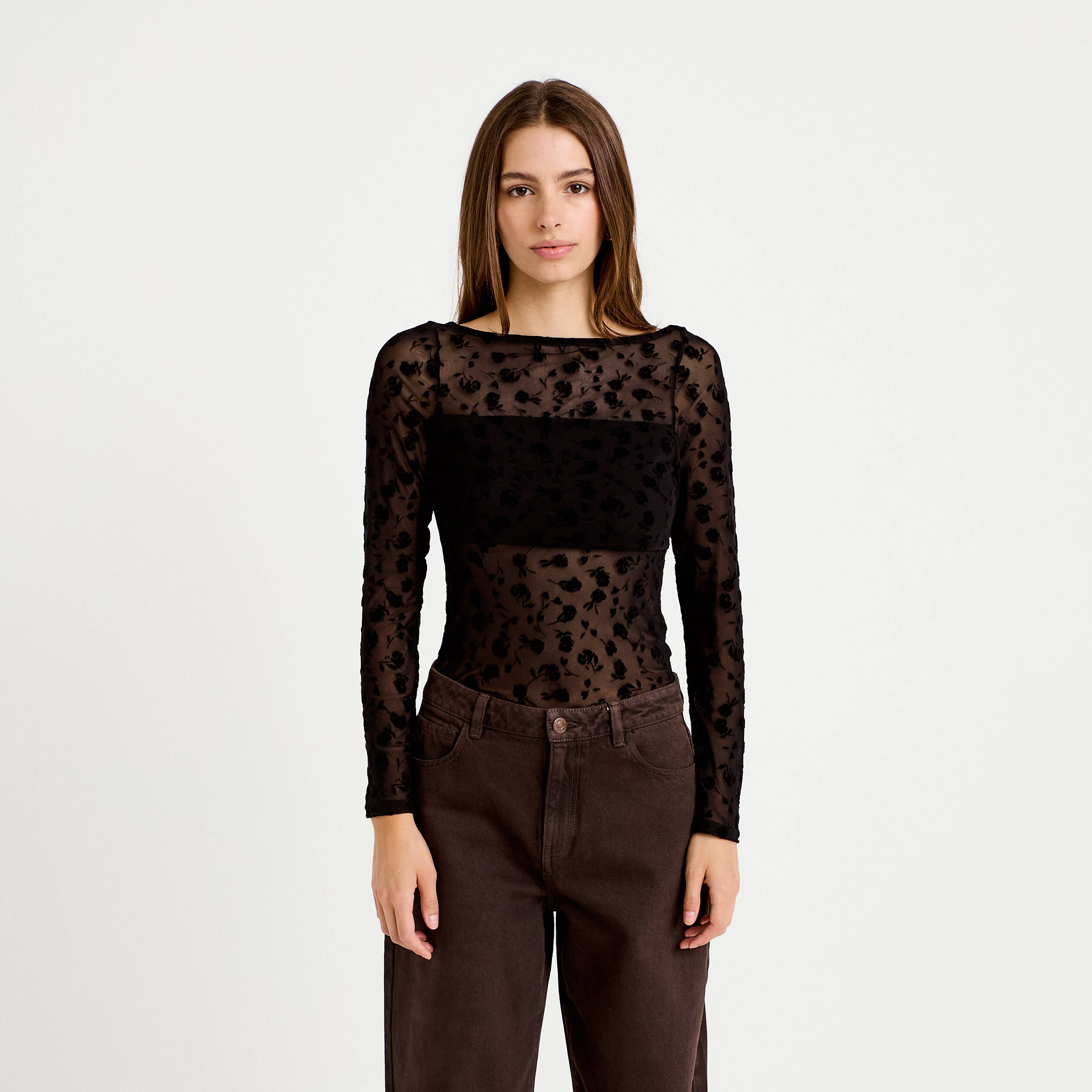 Body cintr&eacute; manches longues col bateau noir femme