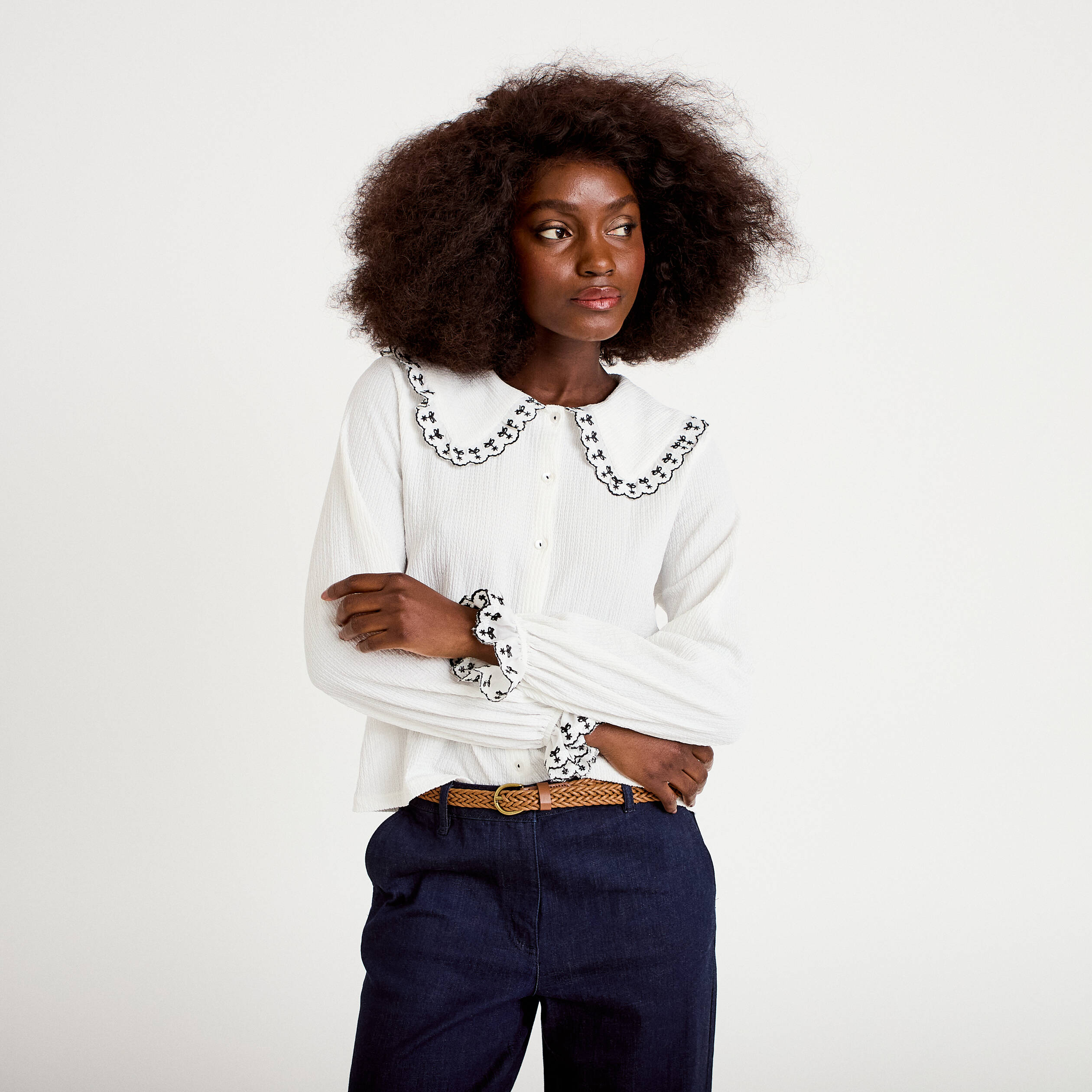 Blouse broderie manches longues ecru femme