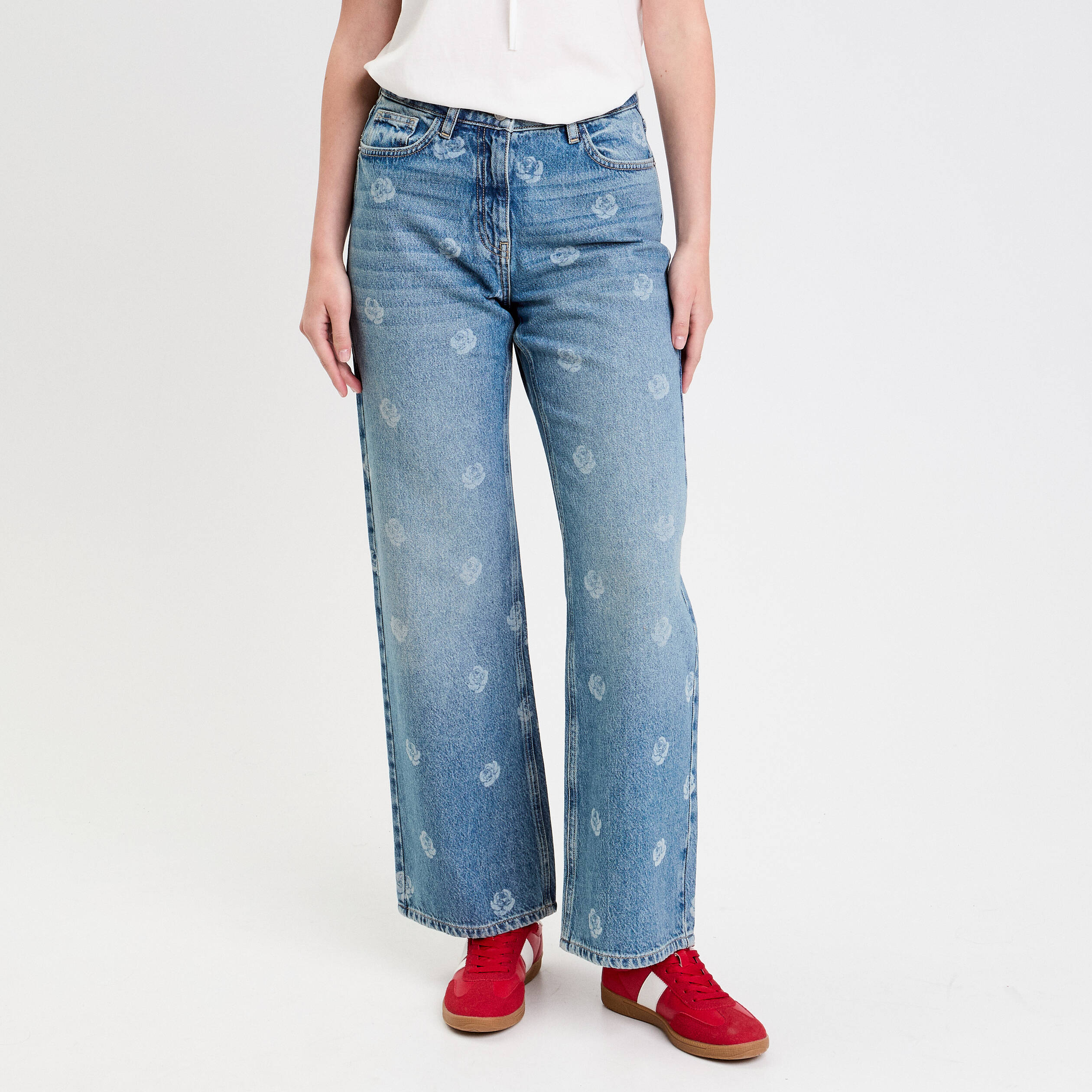 Jean wide leg imprim&eacute; denim double stone femme