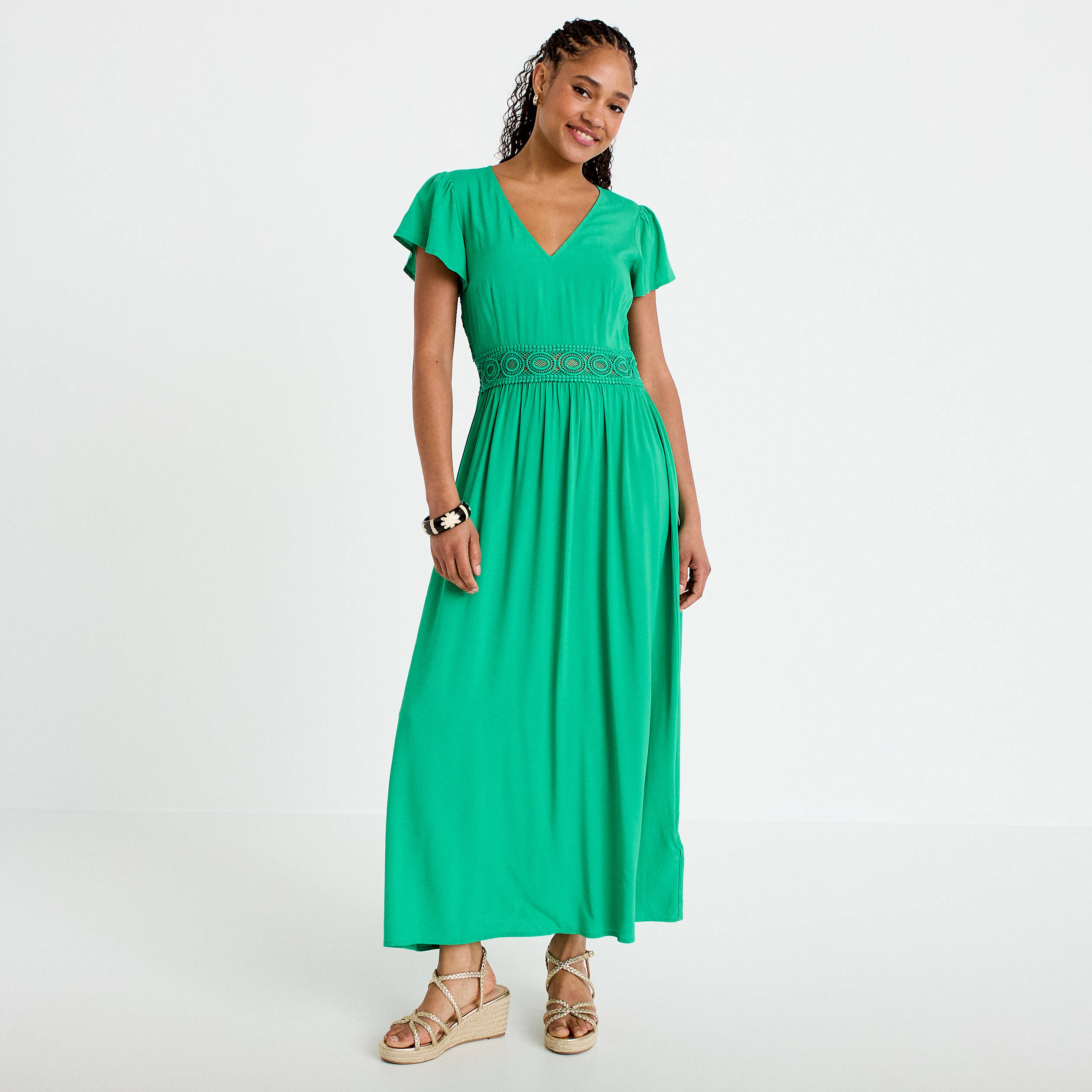 Robe longue &eacute;vas&eacute;e vert femme