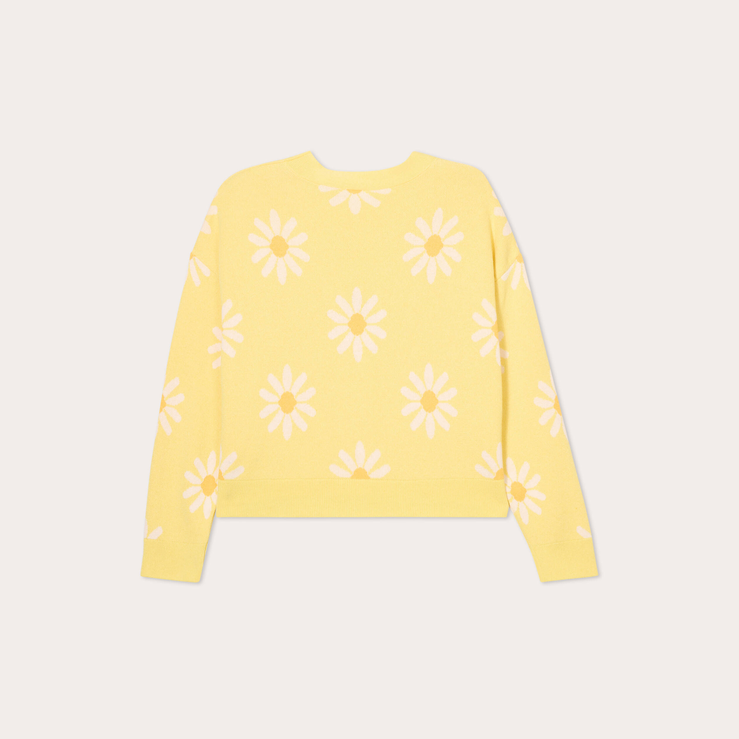 Gilet col v motif fleur jaune clair femme