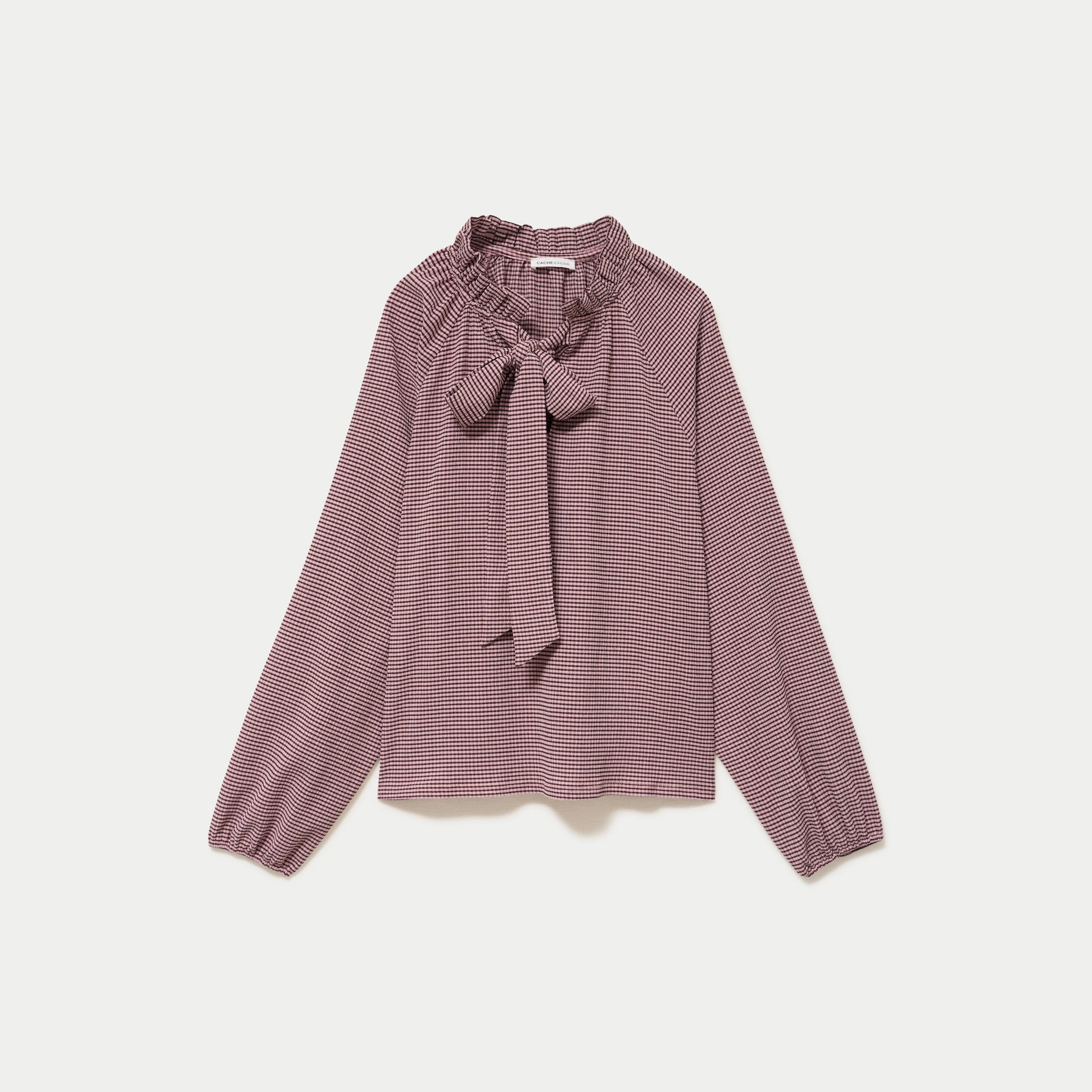 Blouse col montant manches longues rose femme