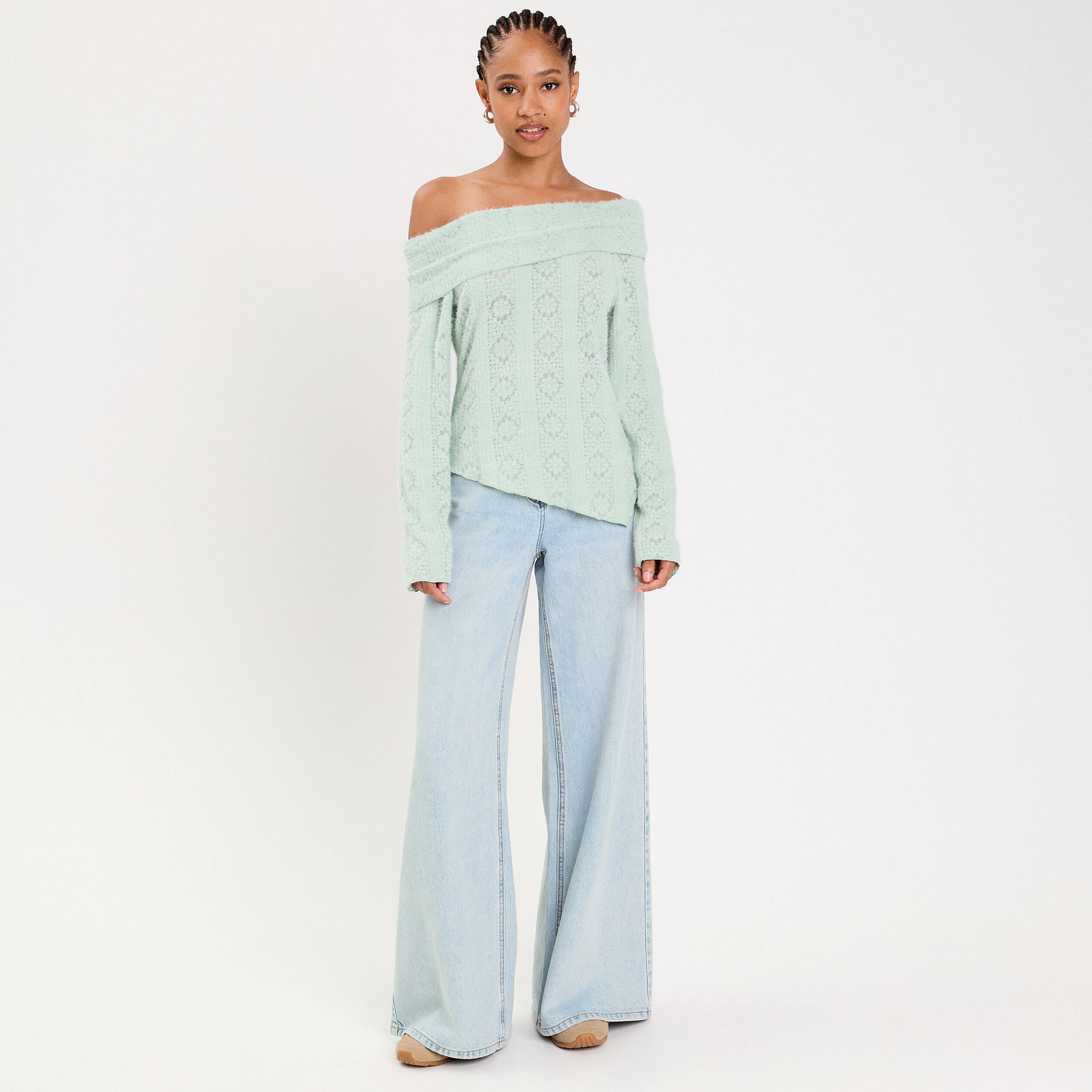 Pull cintr&eacute; ajour&eacute; manches longues vert clair femme