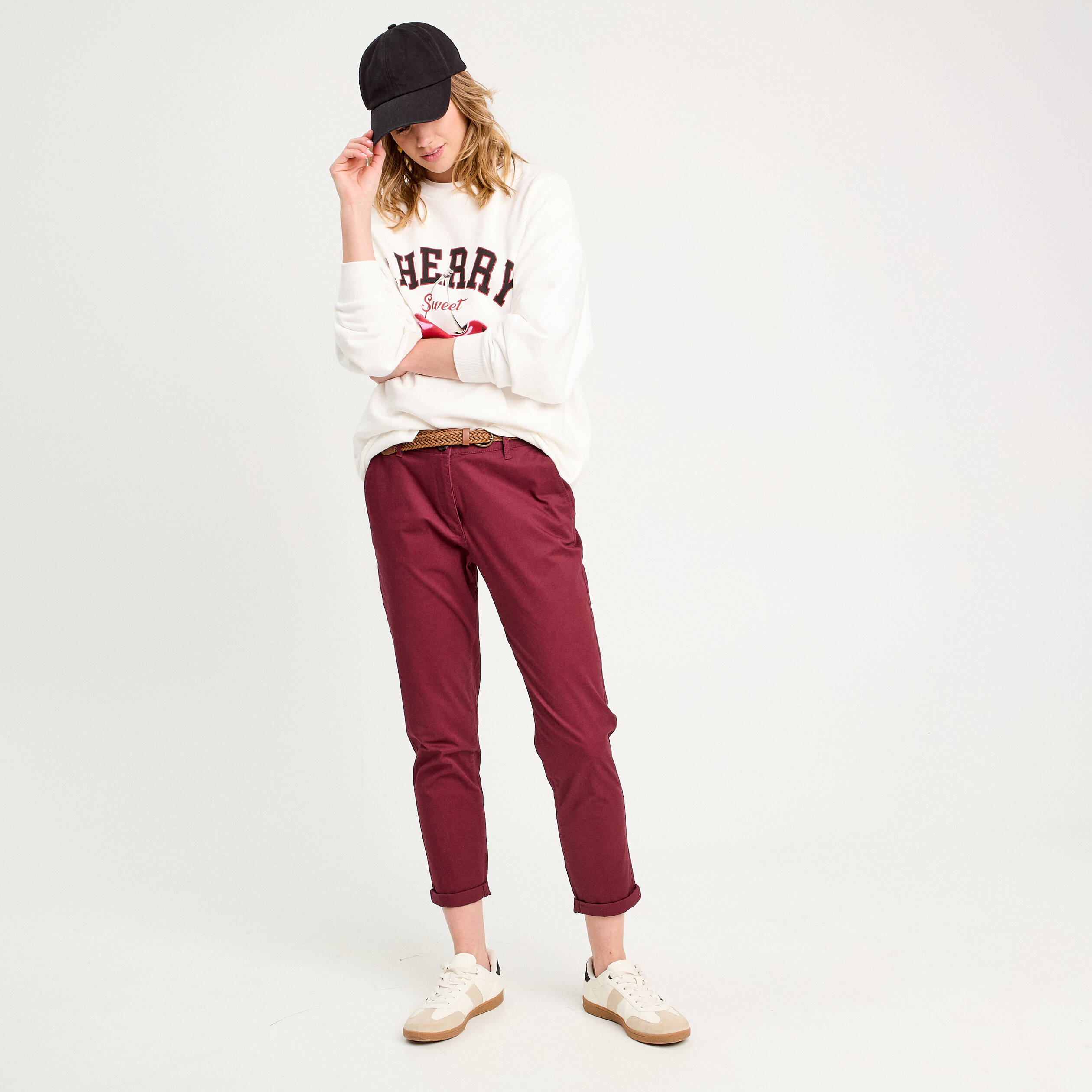Pantalon chino 7/8&egrave;me bordeaux femme