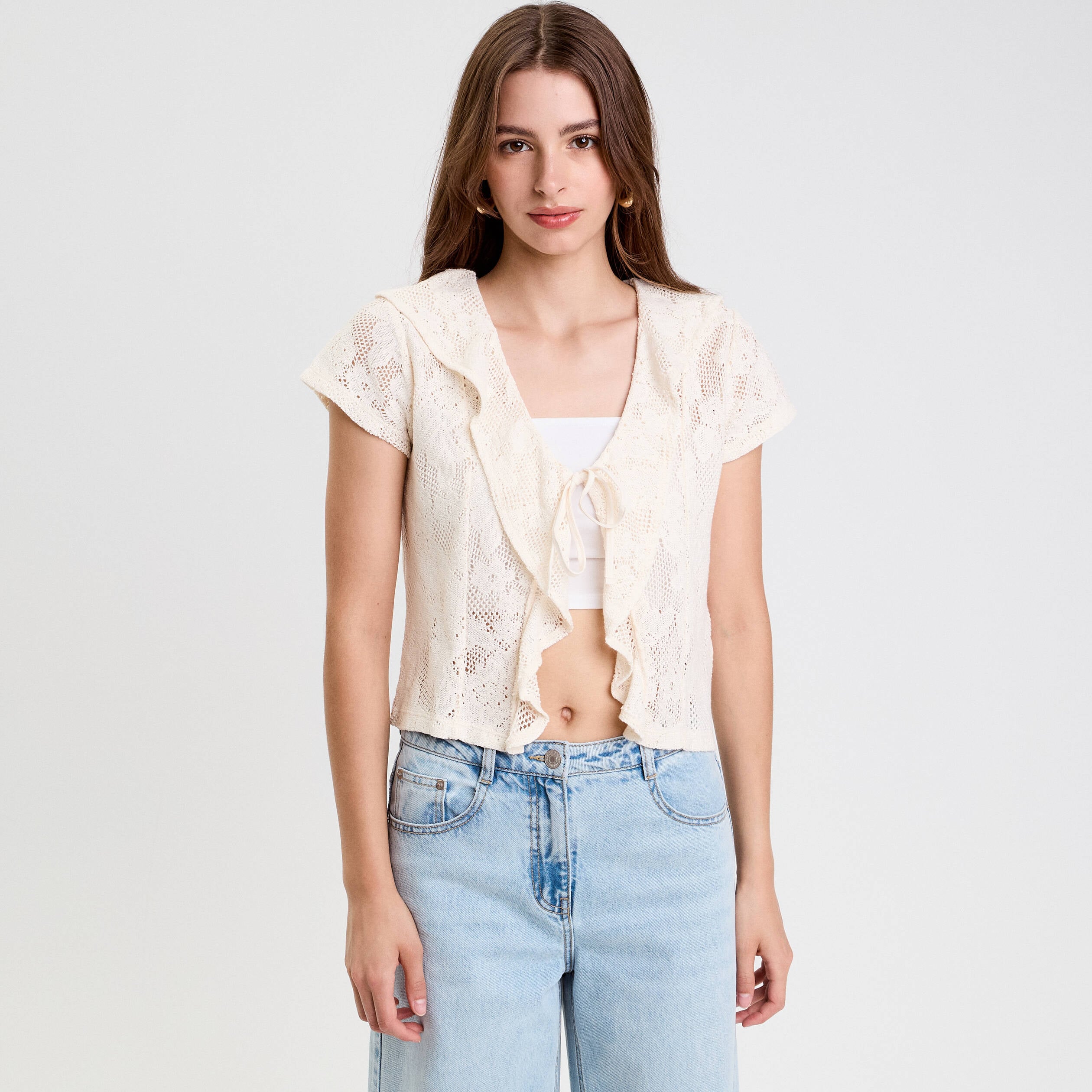 Blouse ajour&eacute;e d&eacute;collet&eacute; manches courtes ecru femme