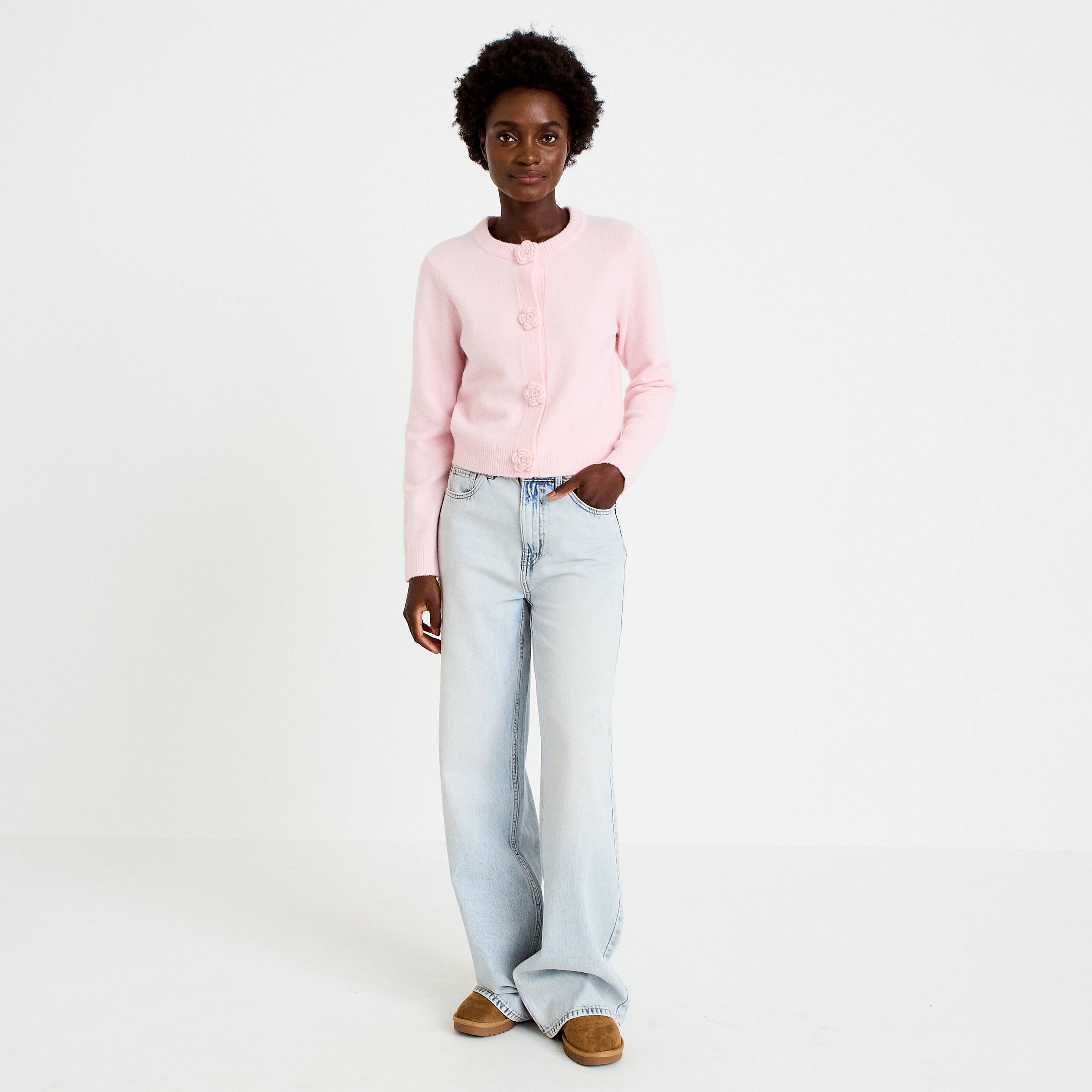 Gilet manches longues col rond rose clair femme