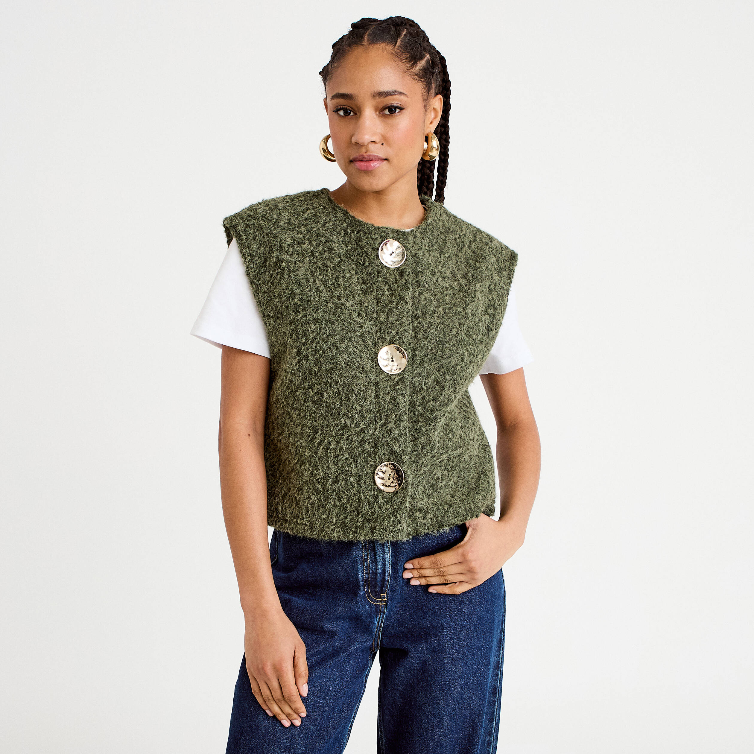 Gilet sans manches col rond vert kaki femme Vibs
