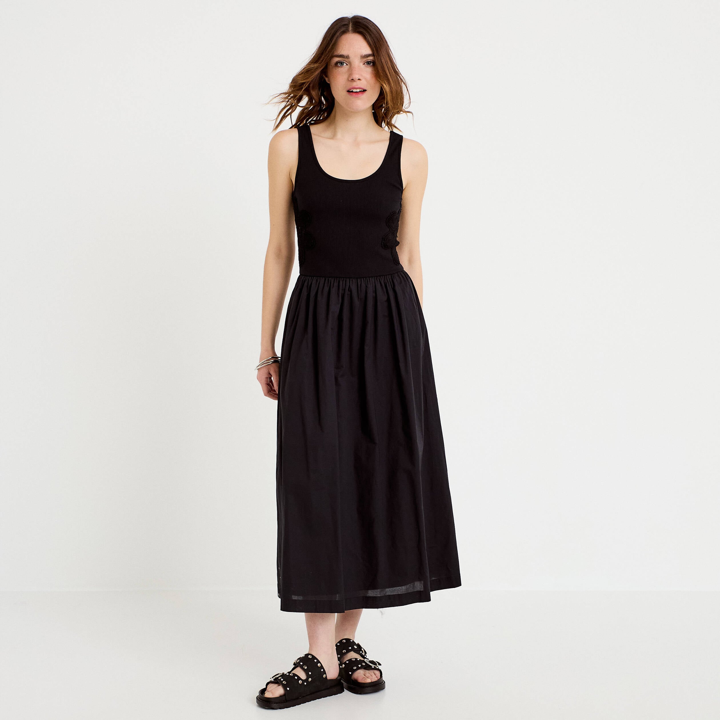 Robe longue &eacute;vas&eacute;e bi-mati&egrave;re noir femme
