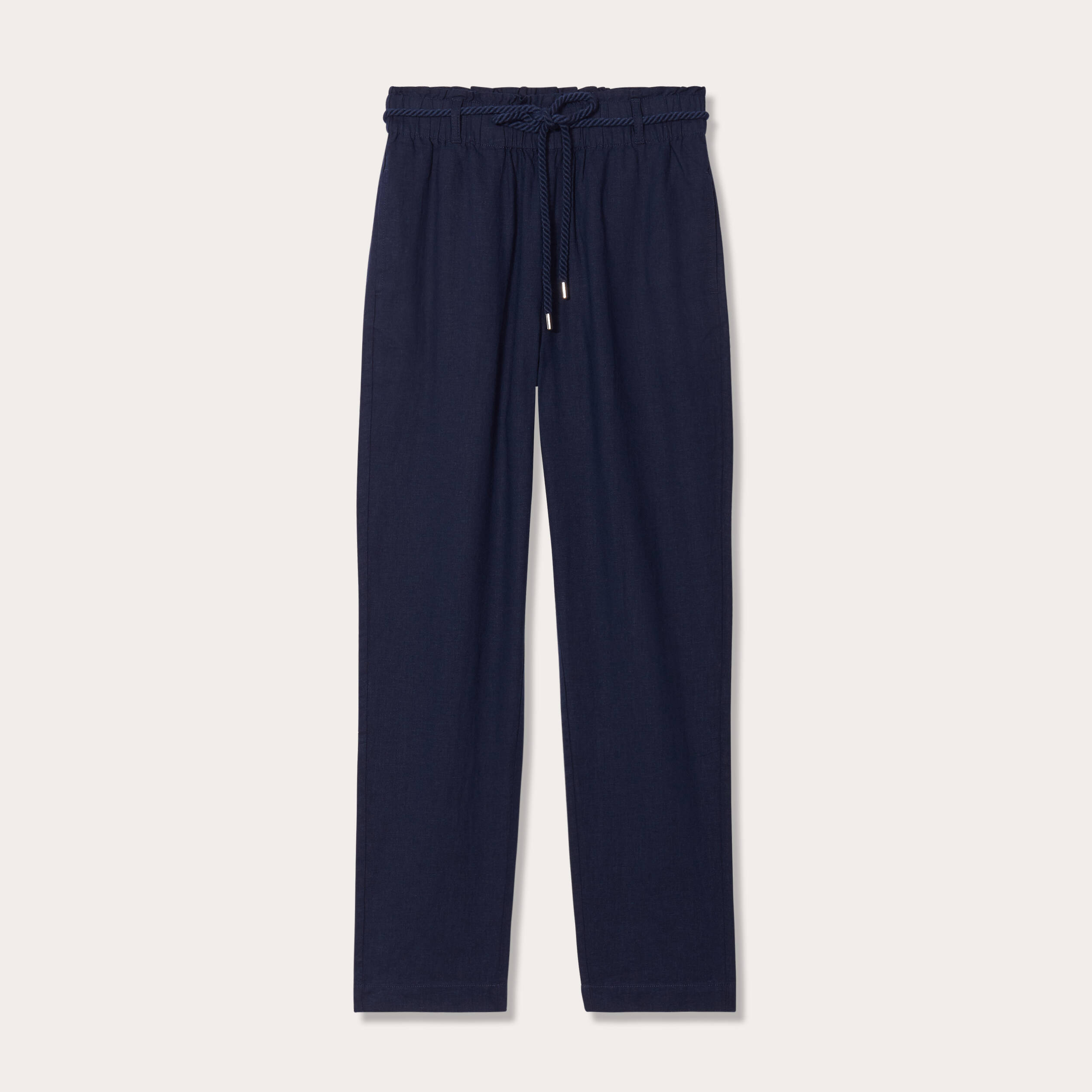 Pantalon droit fluide contenant du lin bleu marine femme