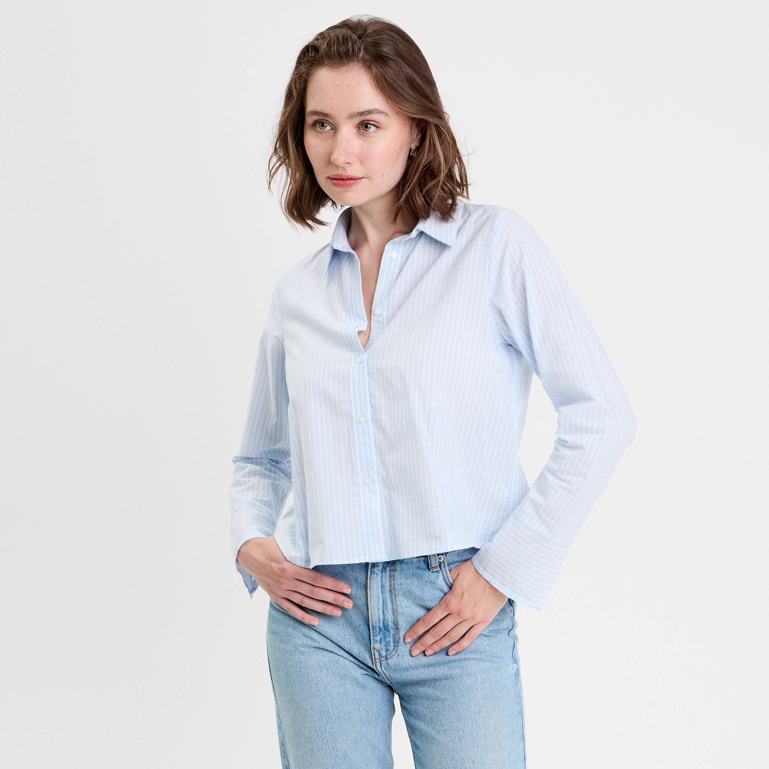 chemise droite courte en coton bleu femme Chemise droite courte en coton bleu femme