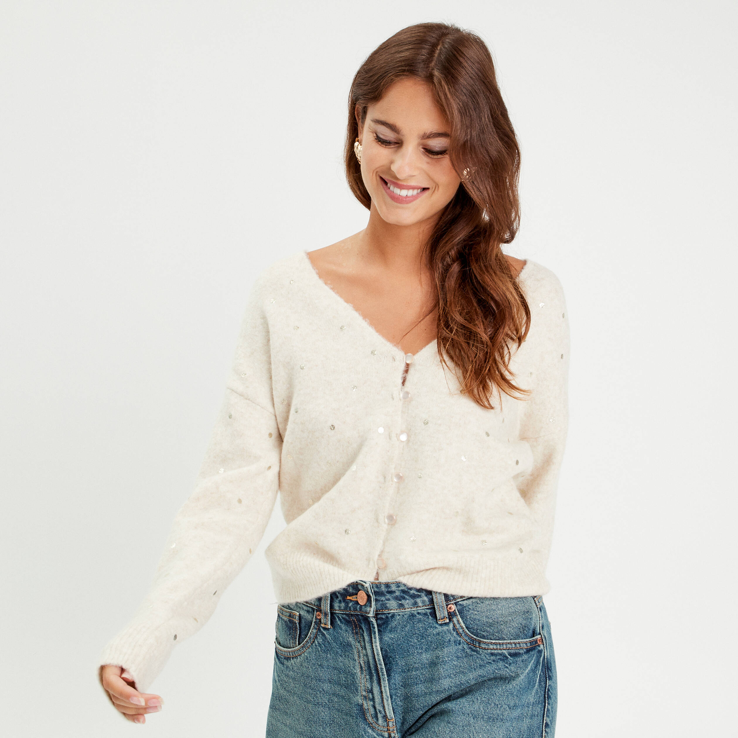 Gilet manches longues ecru femme Vibs