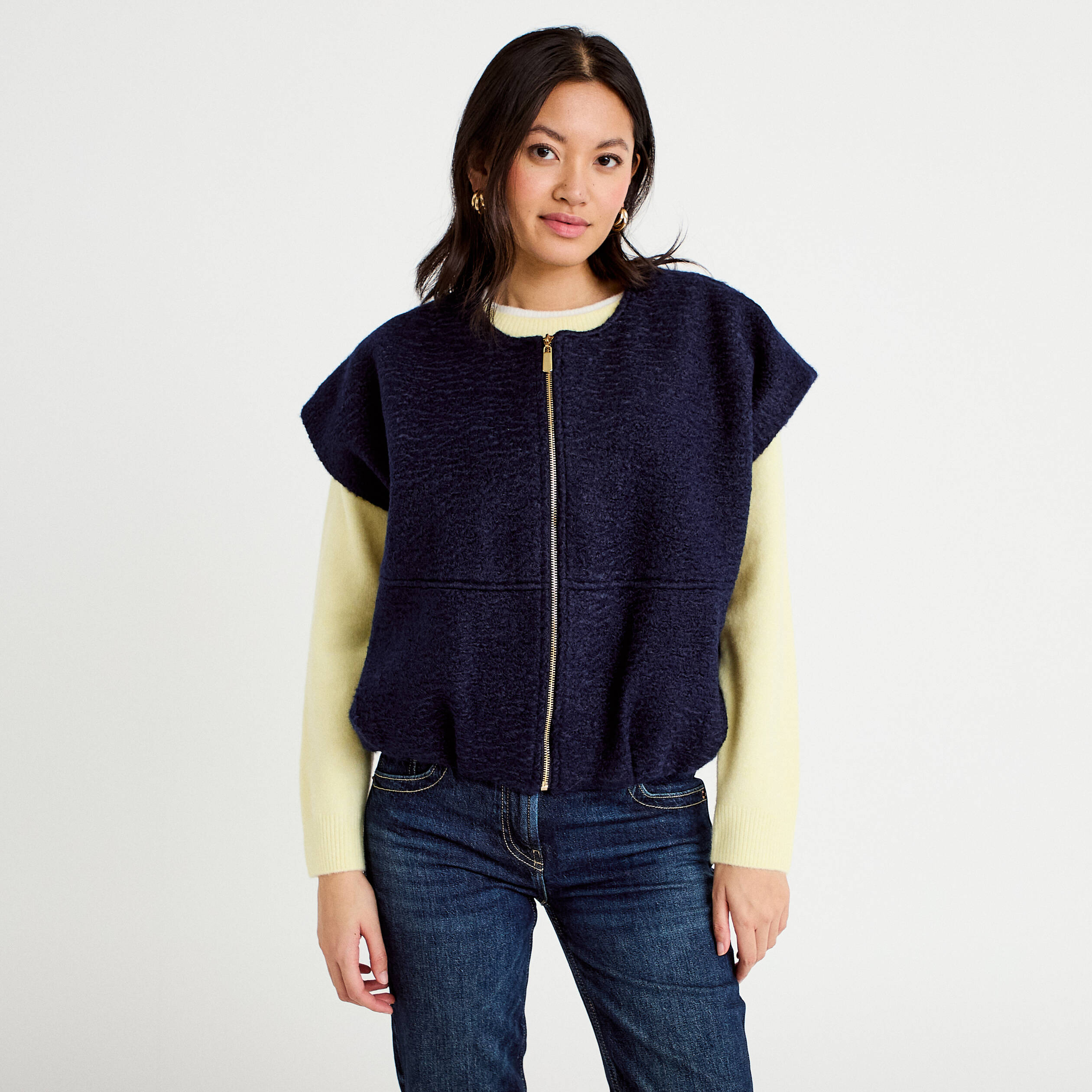 Gilet oversize sans manches col rond bleu marine femme
