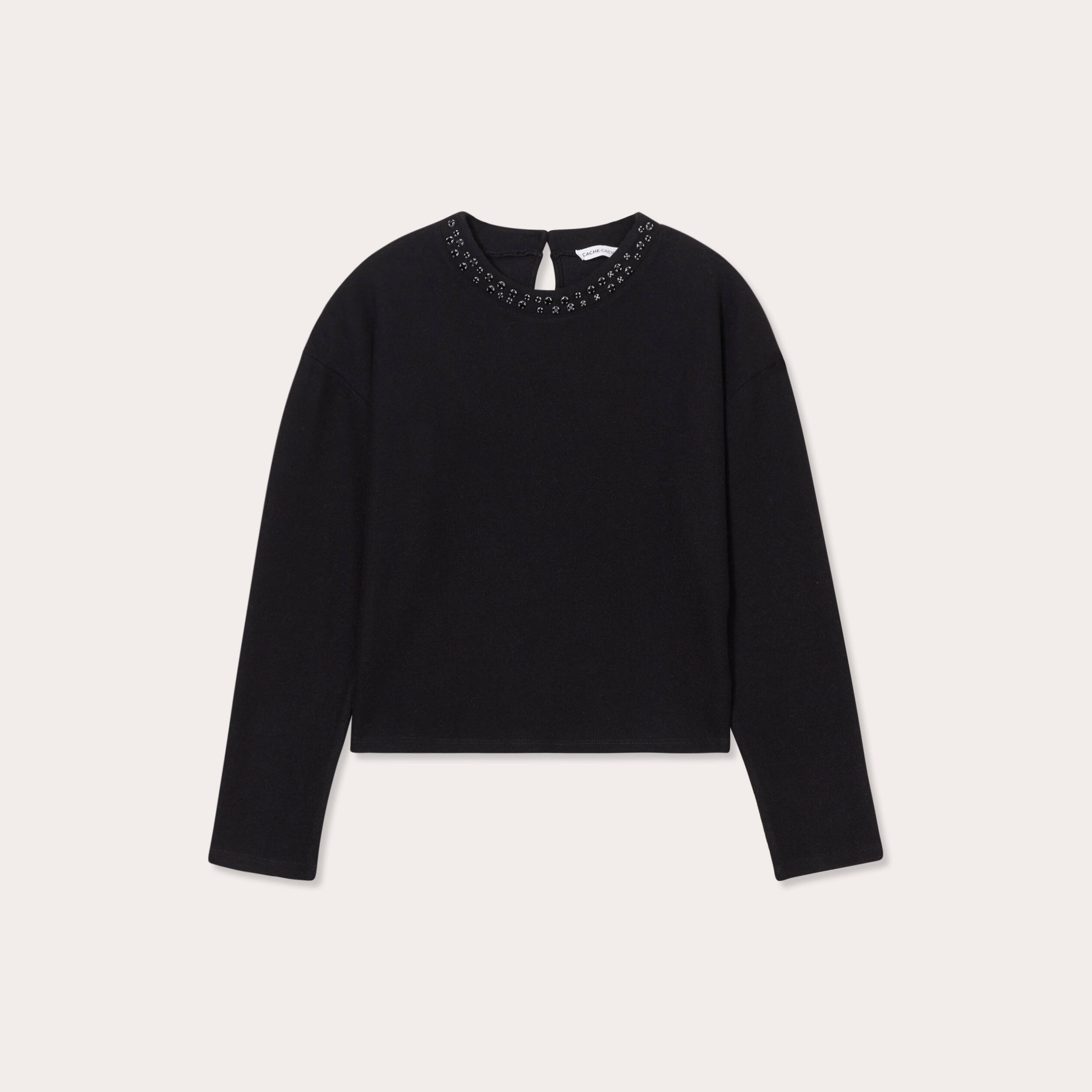 T-shirt col détails bijoux noir femme