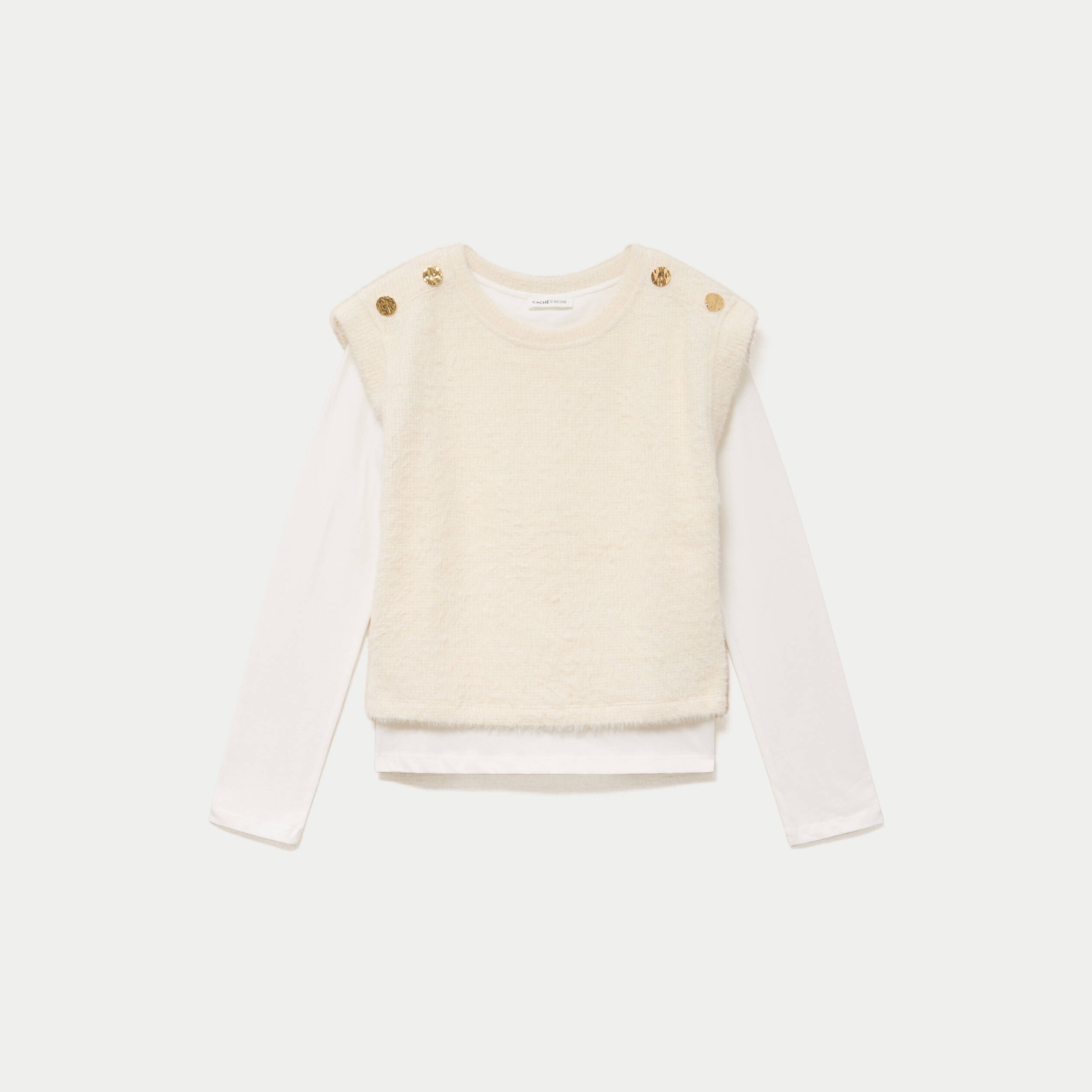 Pull 2-en-1 manches longues col rond ecru femme