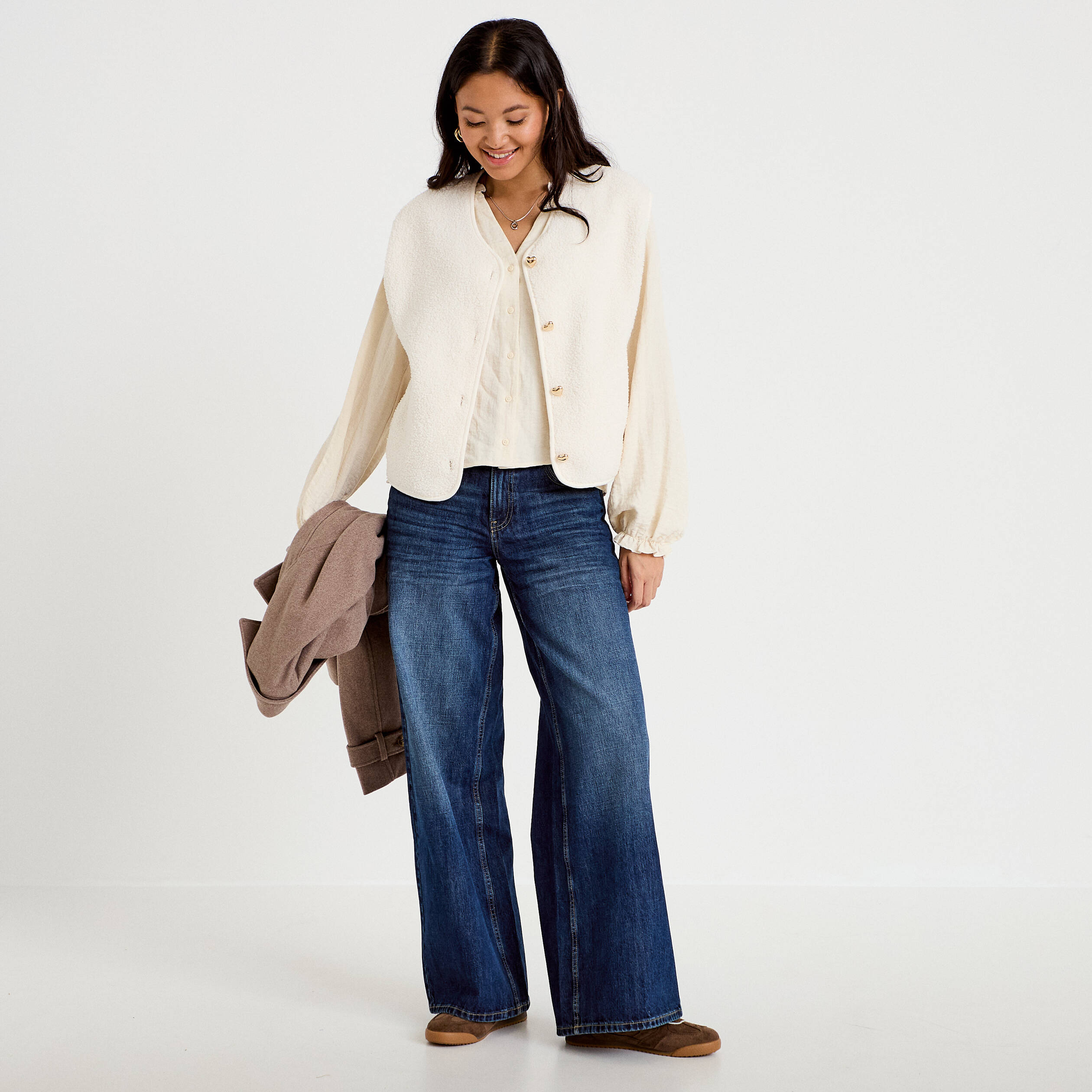 Blouse ample pliss&eacute;e manches longues ecru femme