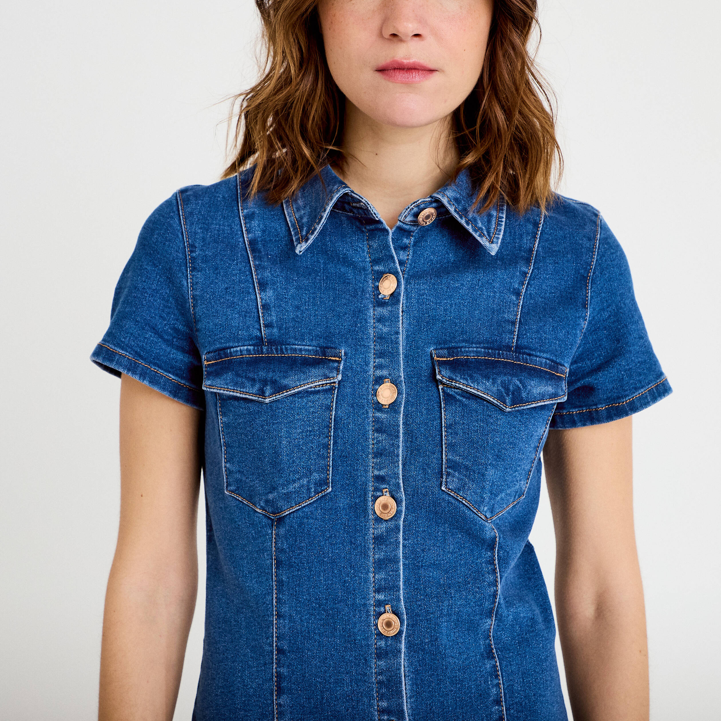 Robe trap&egrave;ze courte en jean col chemise denim double stone femme