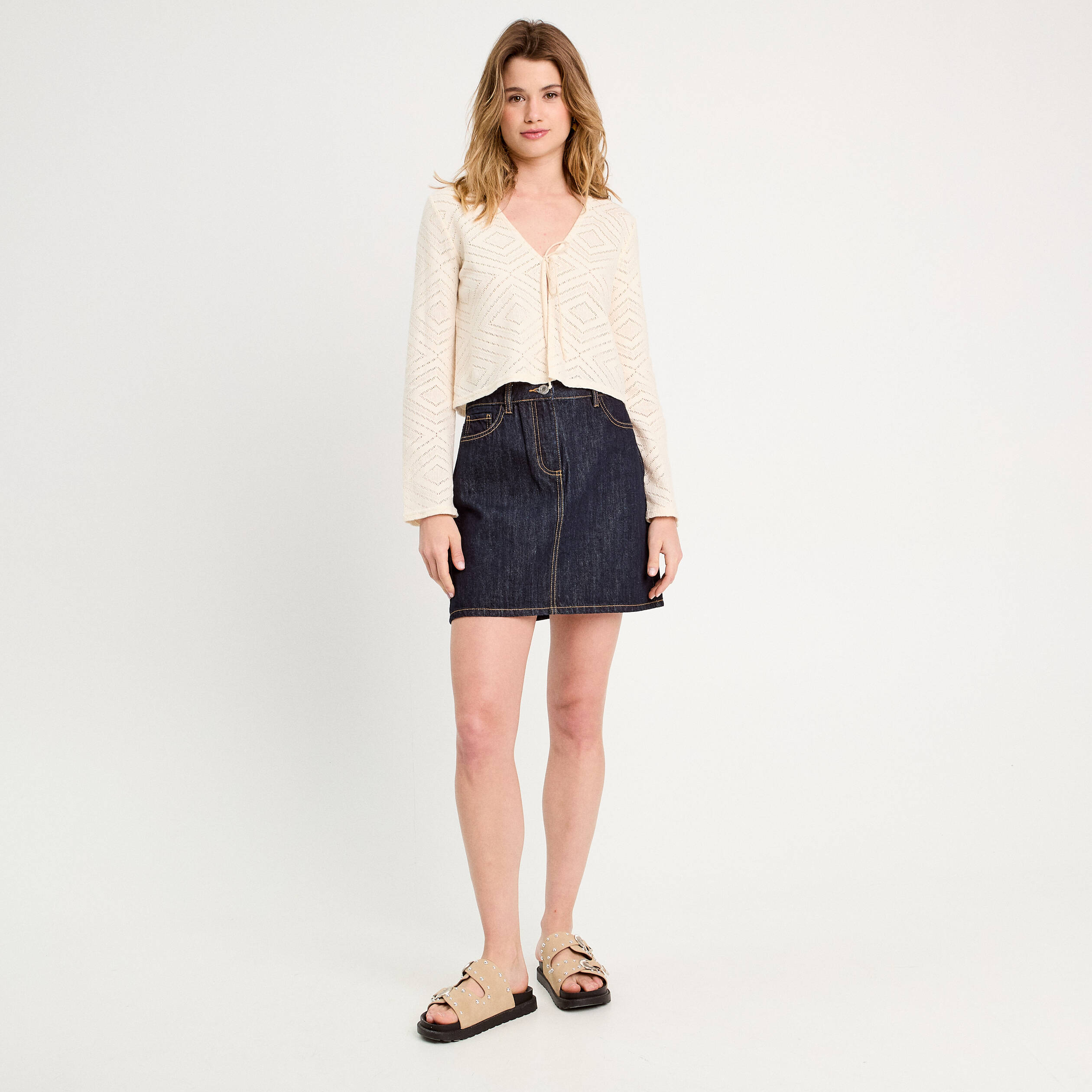 gilet ajoure noue ecru femme Gilet ajouré noué ecru femme