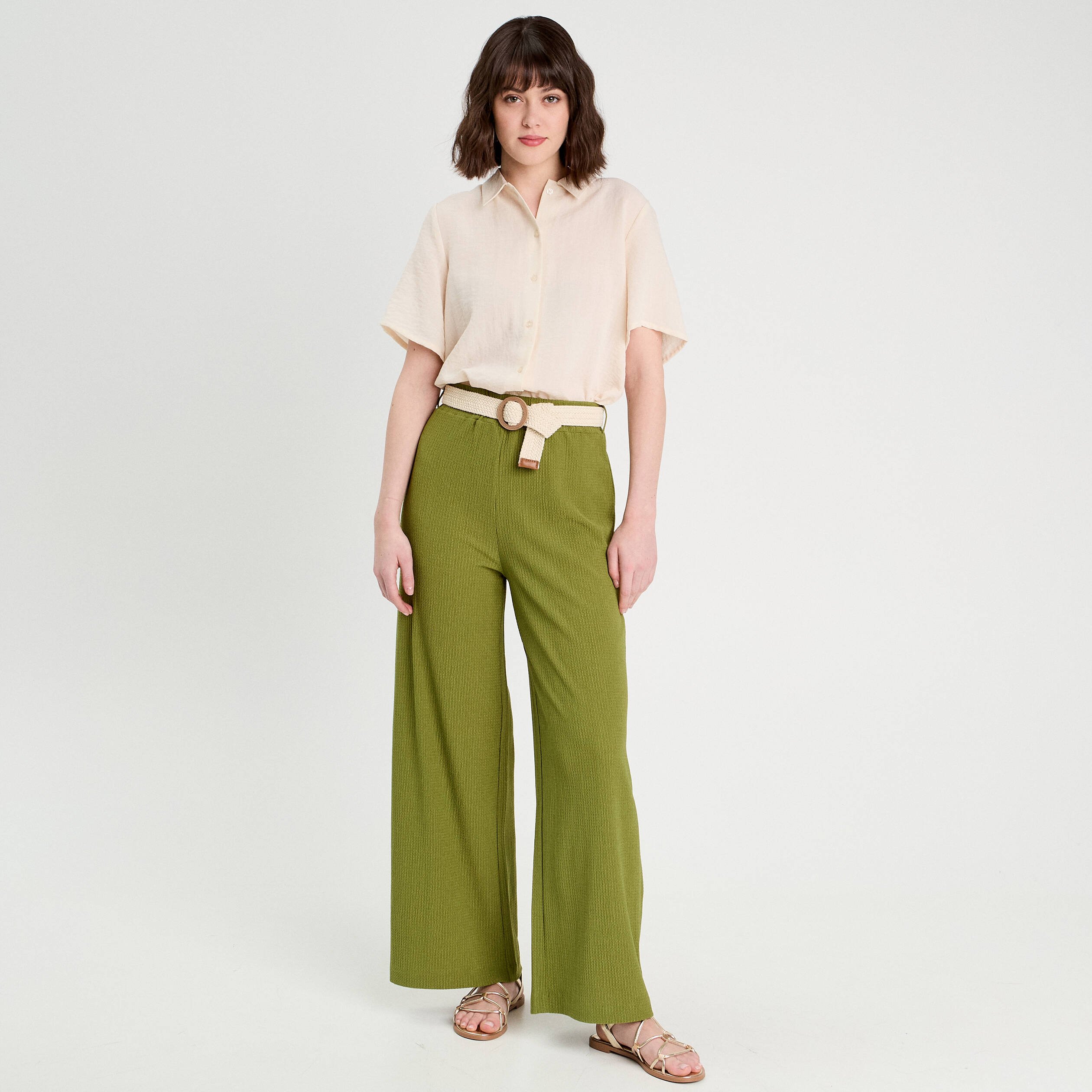 Pantalon large fluide ceinturé vert foncé femme