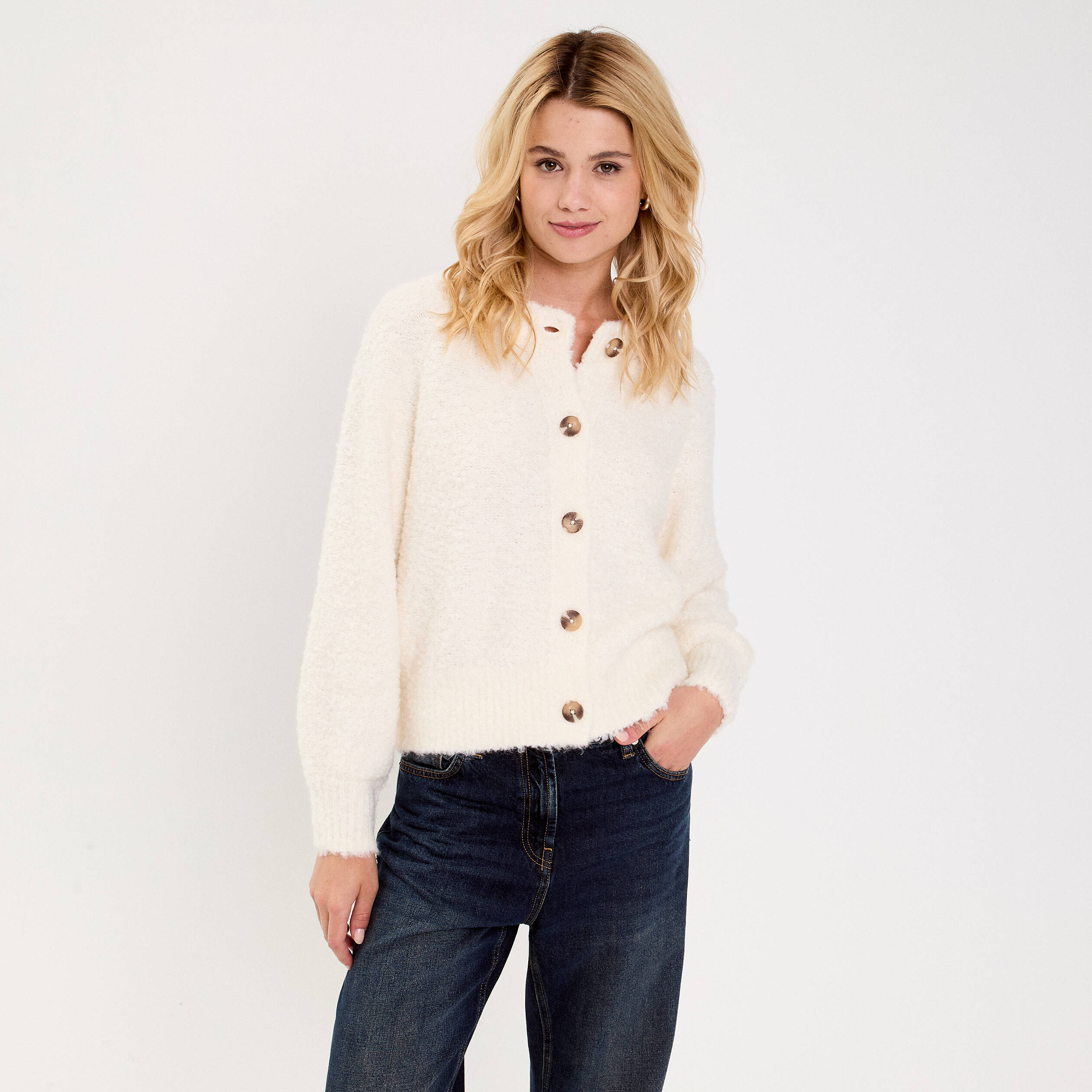 Gilet bouclette col rond manches longues ivoire femme