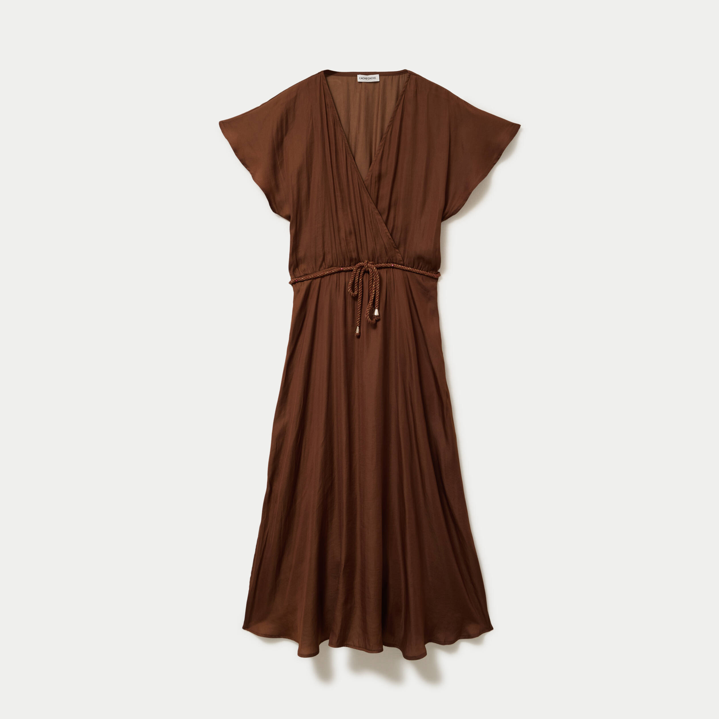 Robe longue &eacute;vas&eacute;e col v satin&eacute;e marron femme