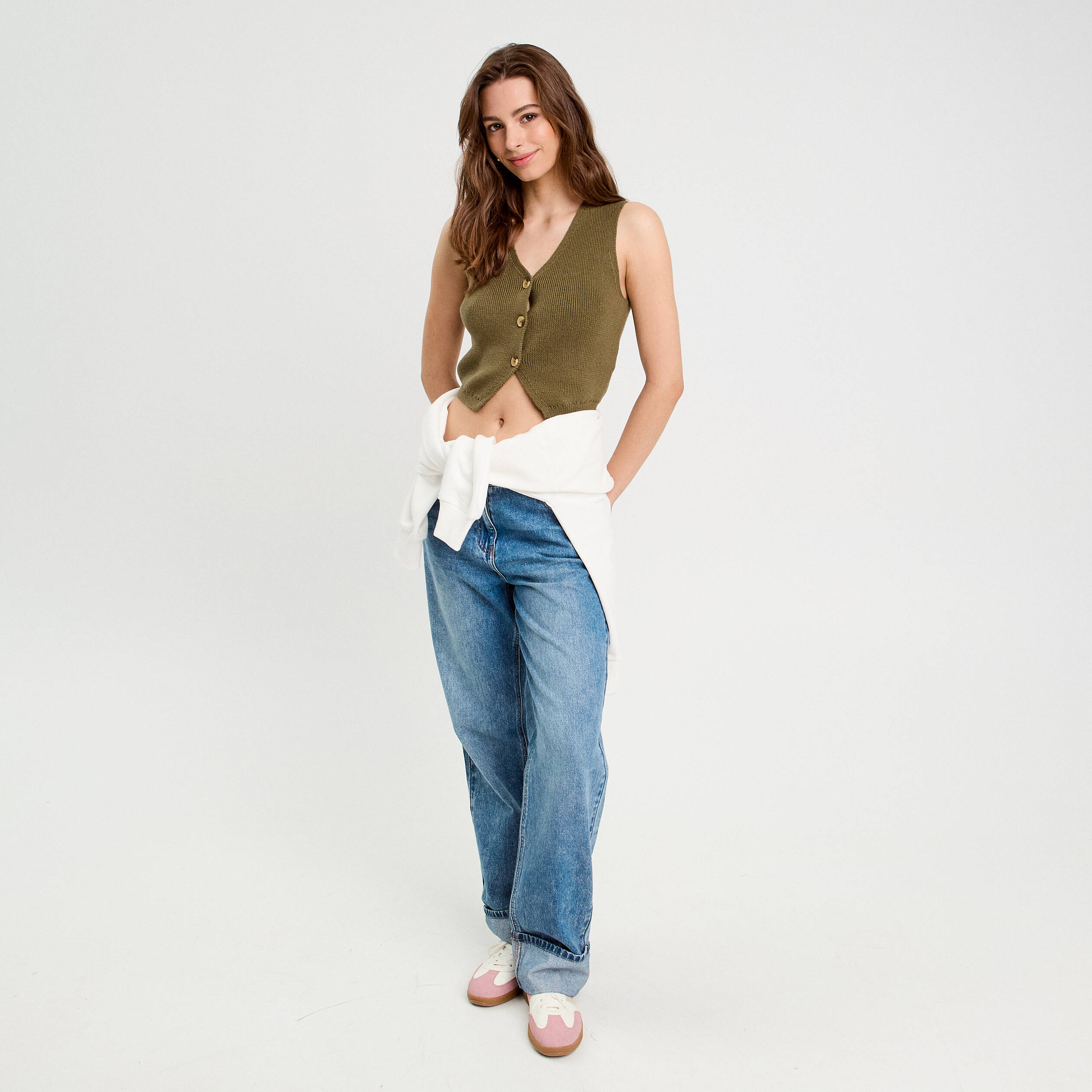 Gilet sans manches col en V vert kaki femme