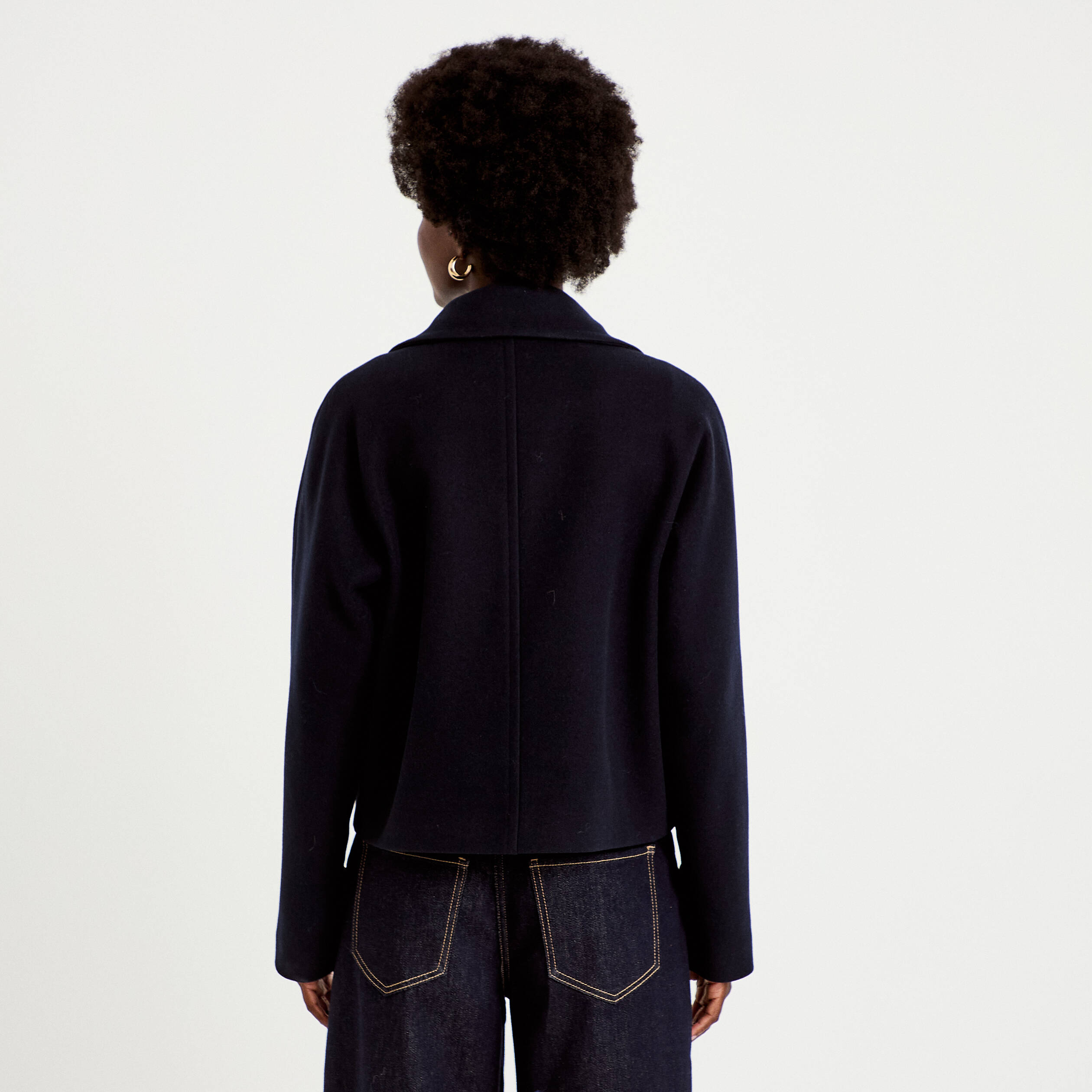 Caban droit col montant manches longues bleu marine femme